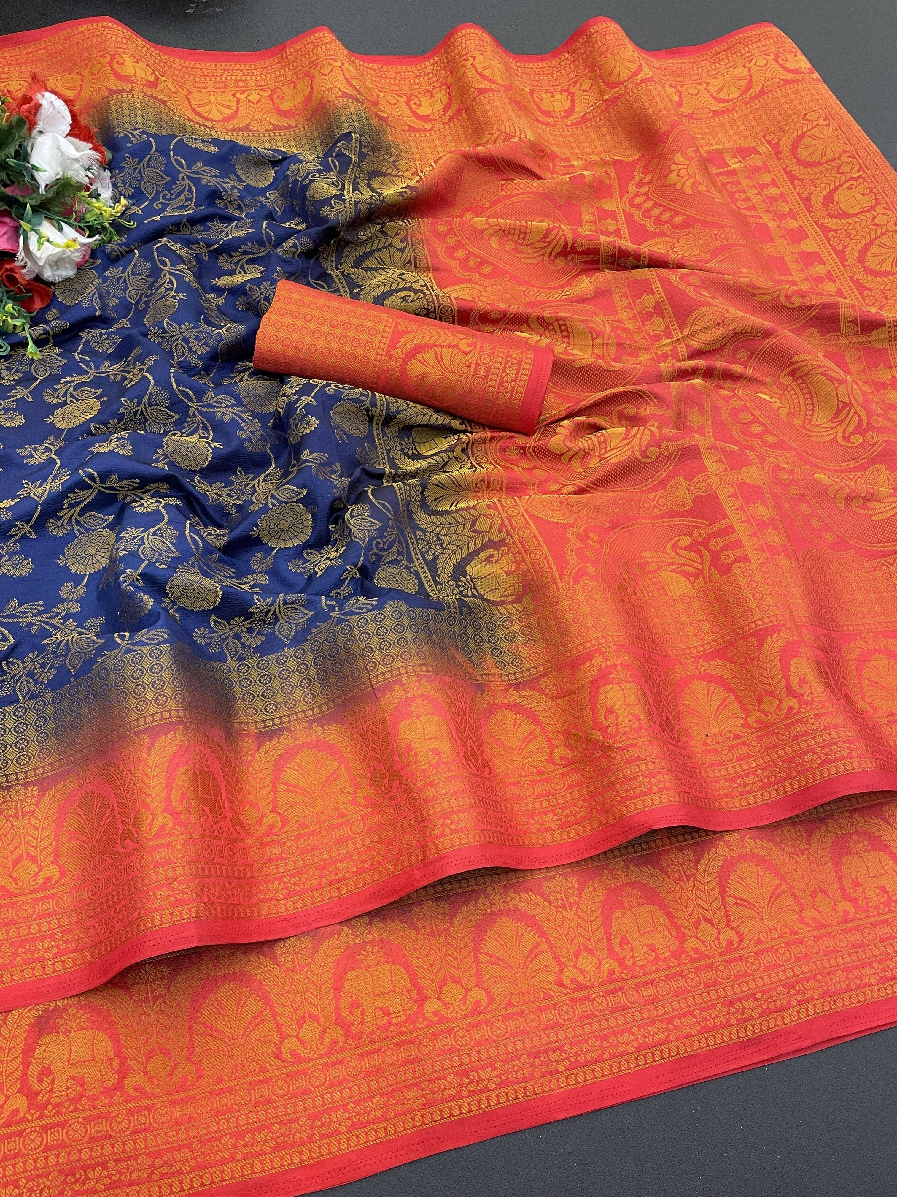     			Krisha Enterprise Cotton Blend Woven Regular Saree With Unstitched Blouse Piece ( Multicolor )
