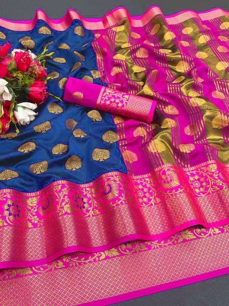 Krisha Enterprise Cotton Blend Woven Regular Saree With Unstitched Blouse Piece ( Blue )     			Krisha Enterprise Cotton Blend Woven Regular Saree With Unstitched Blouse Piece ( Blue )