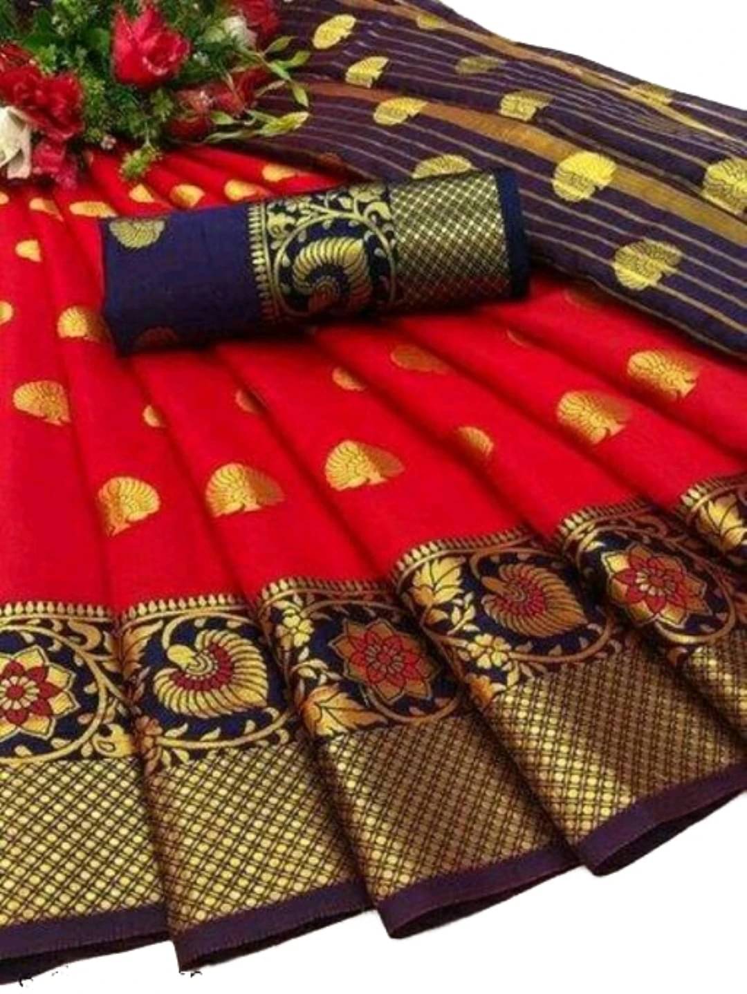     			Krisha Enterprise Cotton Blend Woven Regular Saree With Unstitched Blouse Piece ( Red )