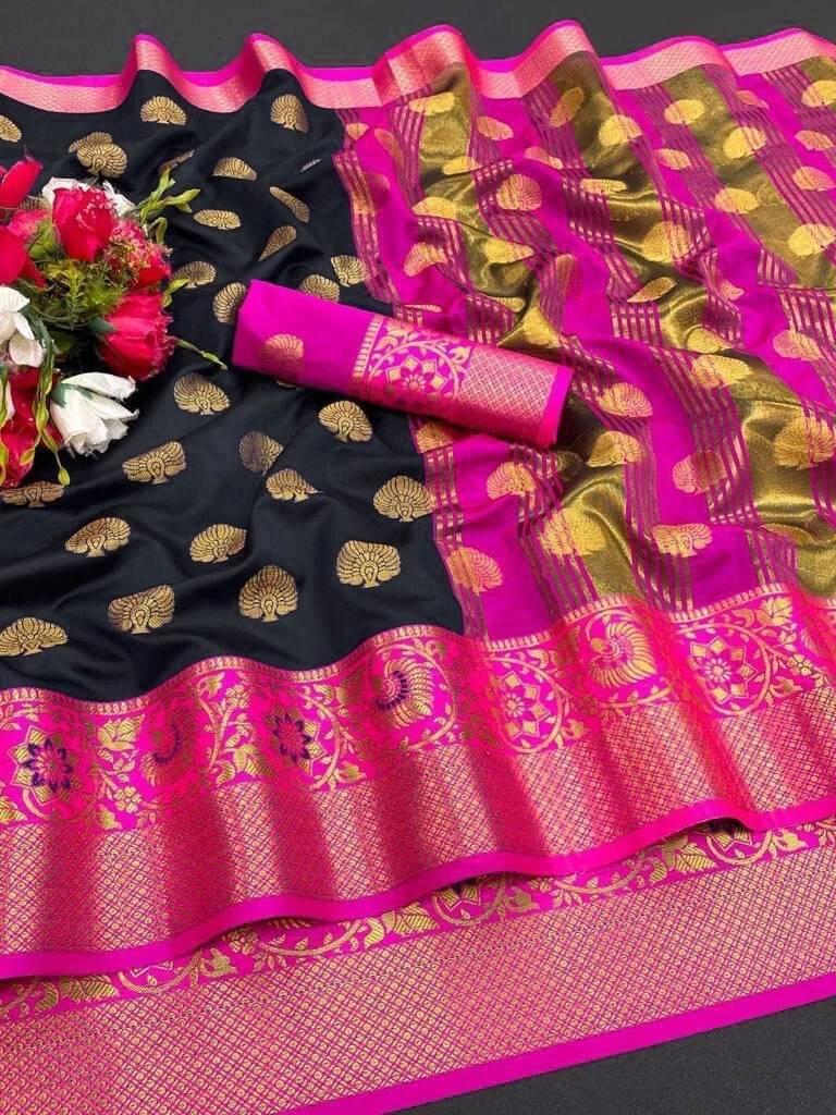 Krisha Enterprise Cotton Blend Woven Regular Saree With Unstitched Blouse Piece ( Black )     			Krisha Enterprise Cotton Blend Woven Regular Saree With Unstitched Blouse Piece ( Black )
