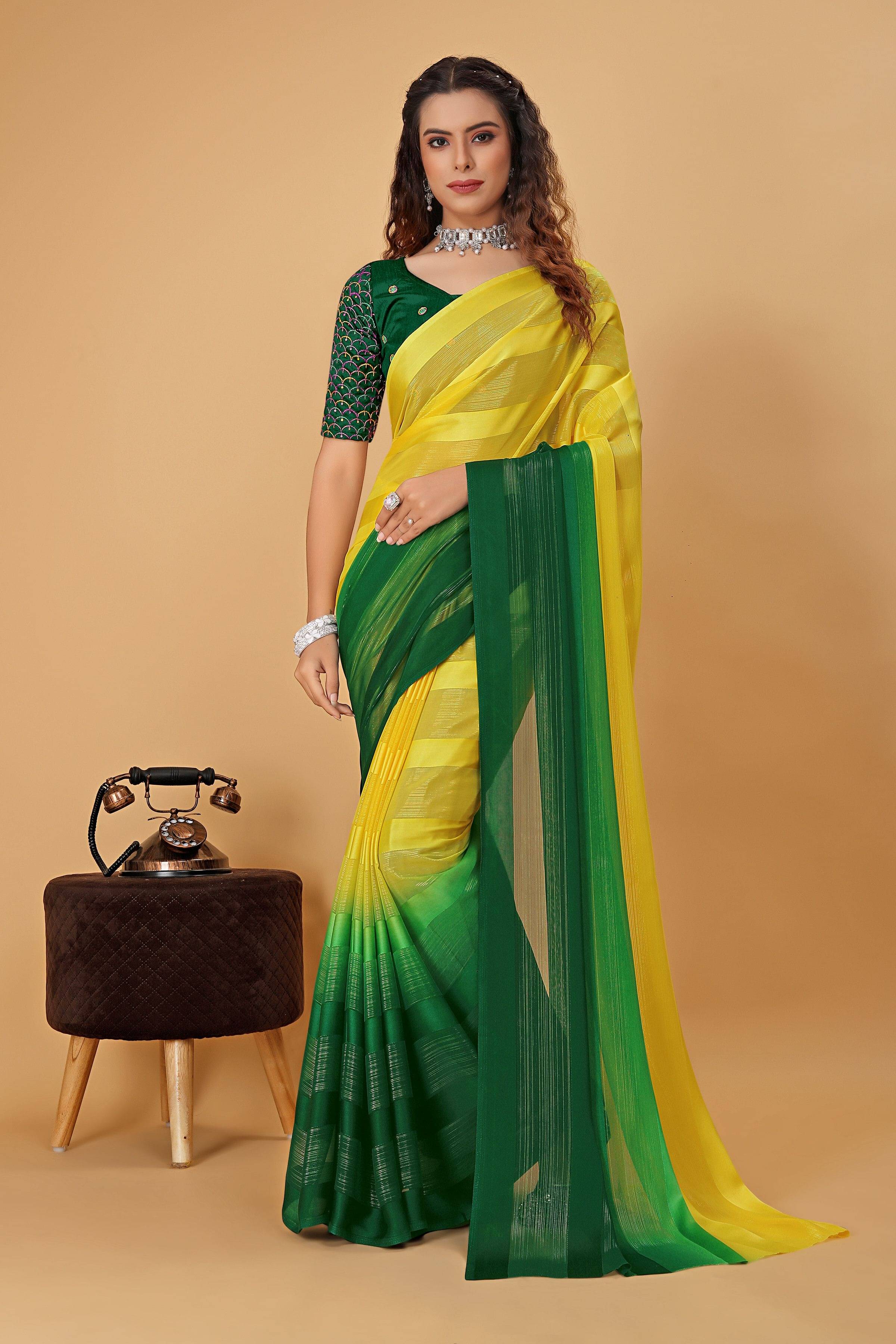     			Krisha Enterprise Georgette Woven Regular Saree With Unstitched Blouse Piece ( Yellow )