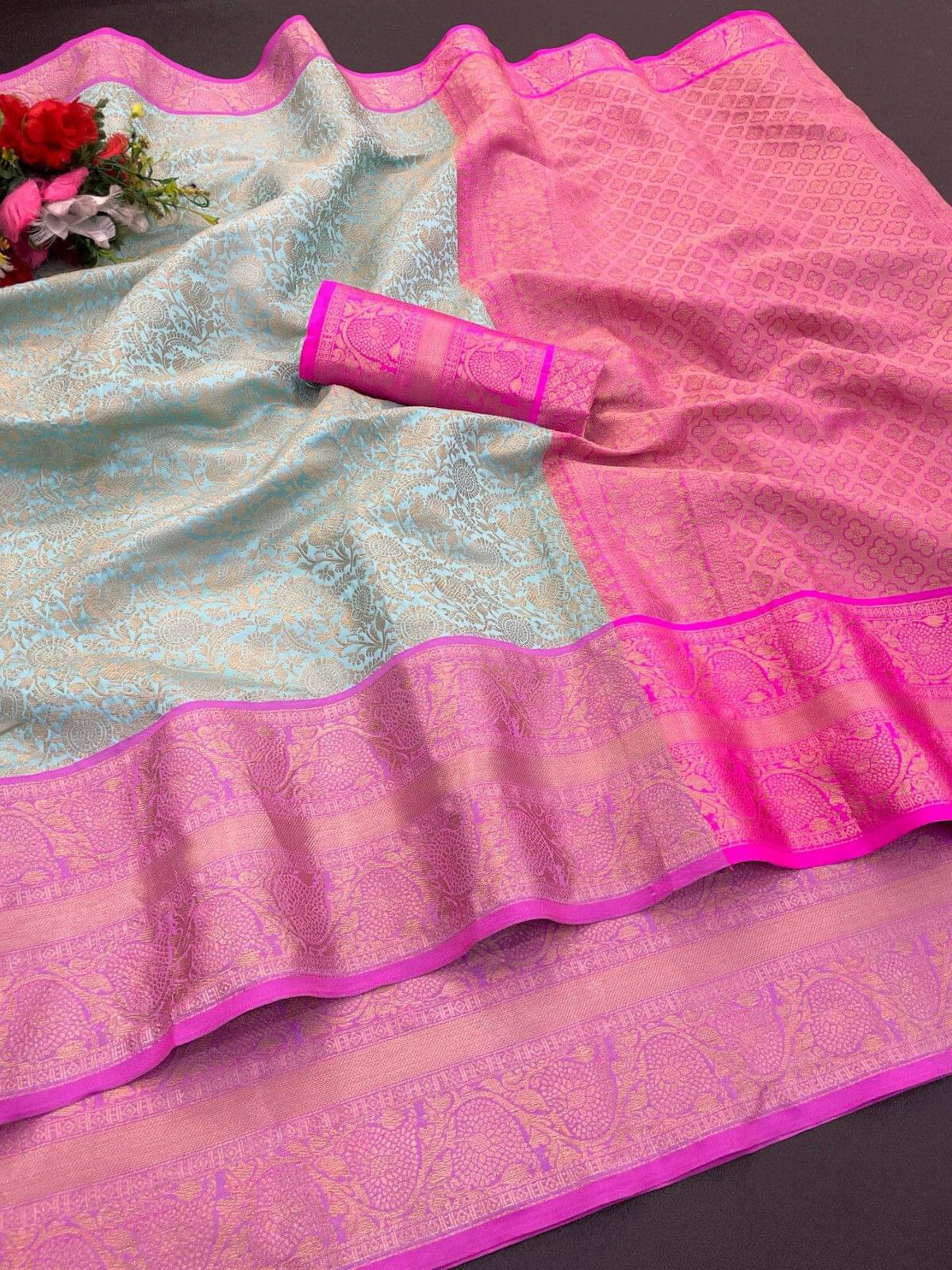 Krisha Enterprise Jacquard Woven Regular Saree With Unstitched Blouse Piece ( Light Blue ) Krisha Enterprise Jacquard Woven Regular Saree With Unstitched Blouse Piece ( Light Blue )