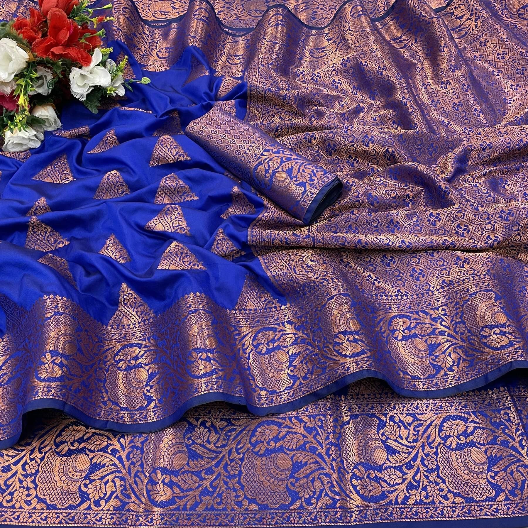     			Krisha Enterprise Jacquard Woven Regular Saree With Unstitched Blouse Piece ( Blue )