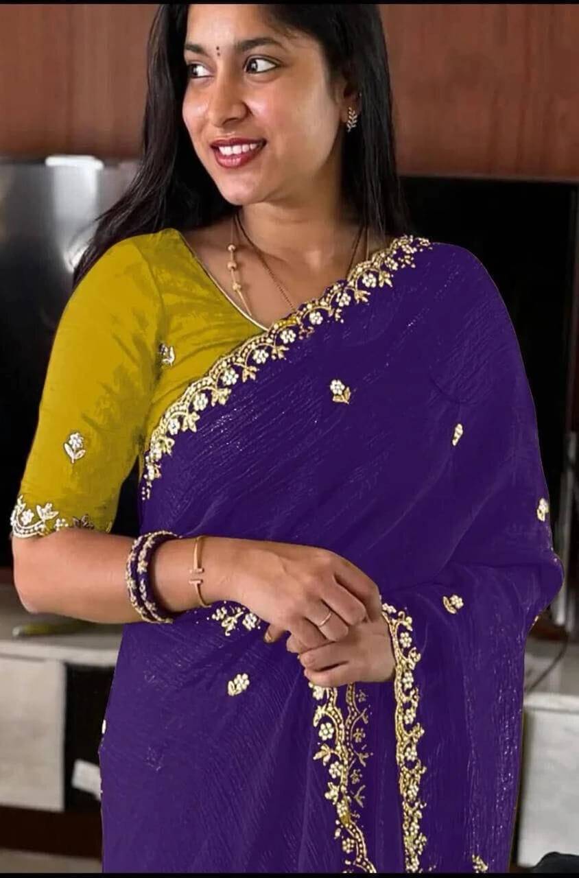 Krisha Enterprise Silk Blend Embroidered Regular Saree With Unstitched Blouse Piece ( Purple )     			Krisha Enterprise Silk Blend Embroidered Regular Saree With Unstitched Blouse Piece ( Purple )