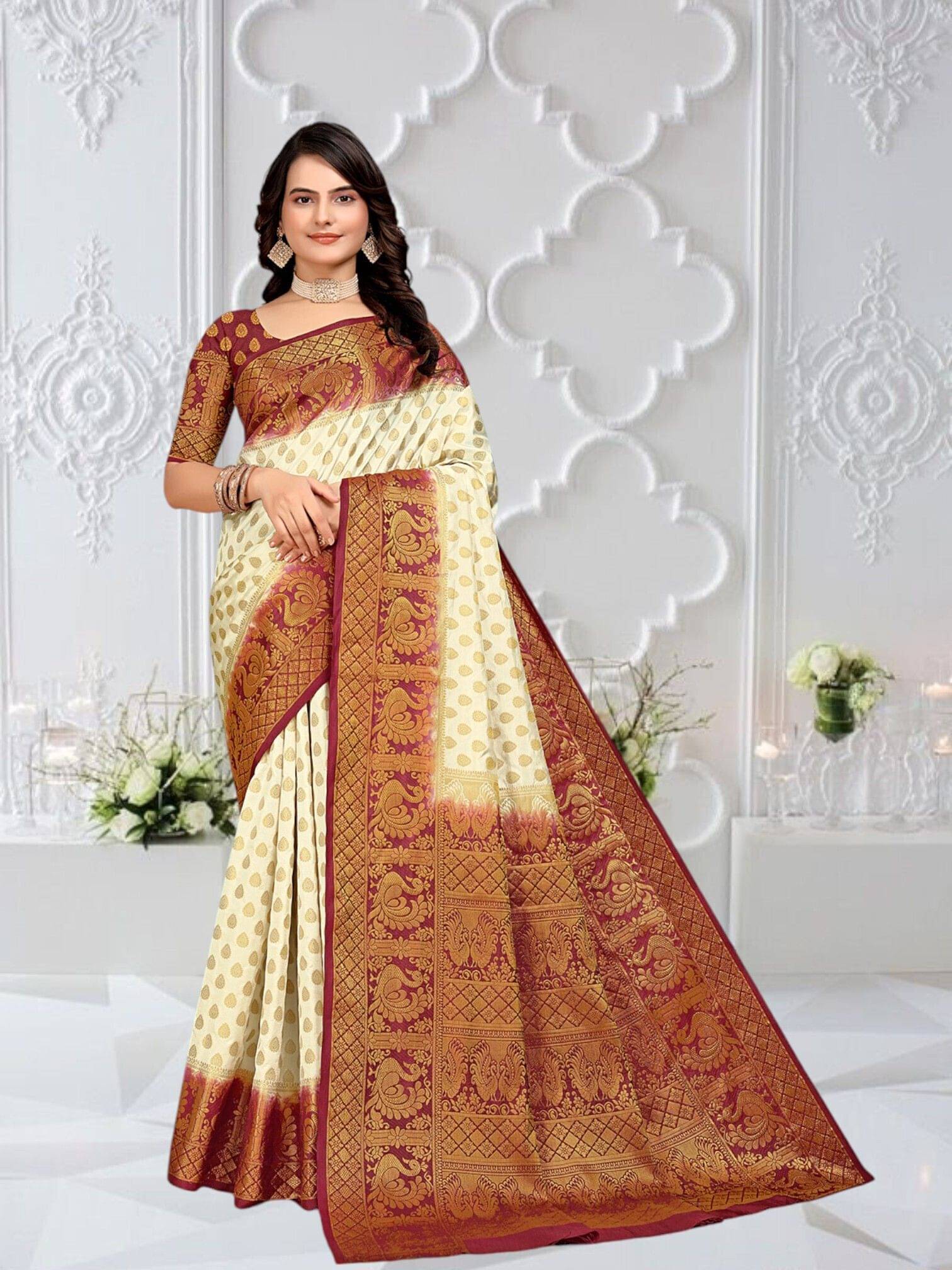     			Krisha Enterprise Silk Blend Woven Regular Saree With Unstitched Blouse Piece ( White )