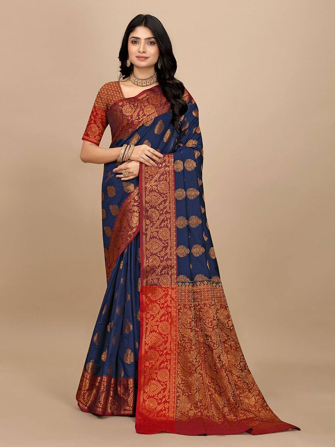     			Krisha Enterprise Silk Woven Regular Saree With Unstitched Blouse Piece ( Navy Blue )