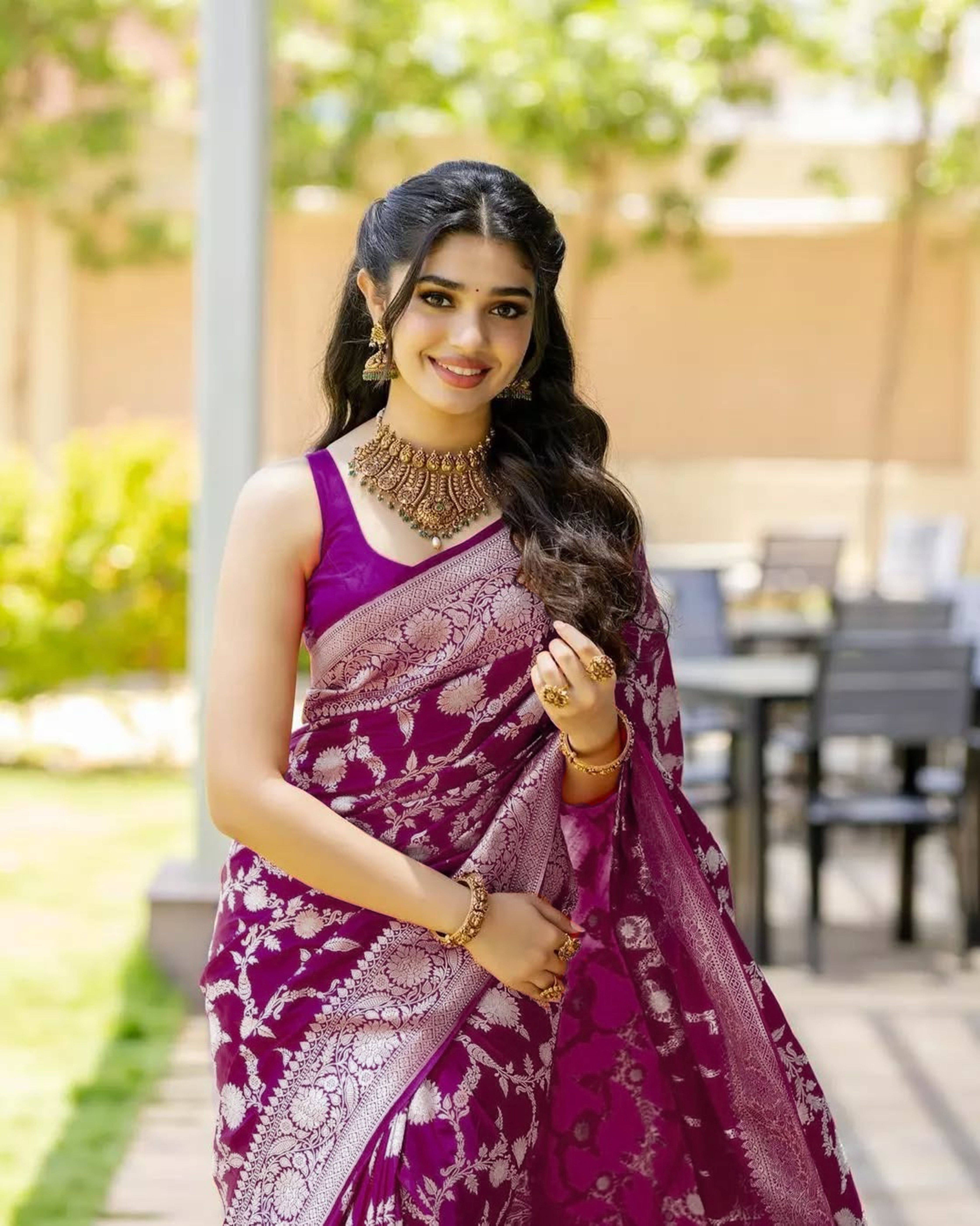 Krisha Enterprise Silk Woven Regular Saree With Unstitched Blouse Piece ( Purple ) Krisha Enterprise Silk Woven Regular Saree With Unstitched Blouse Piece ( Purple )