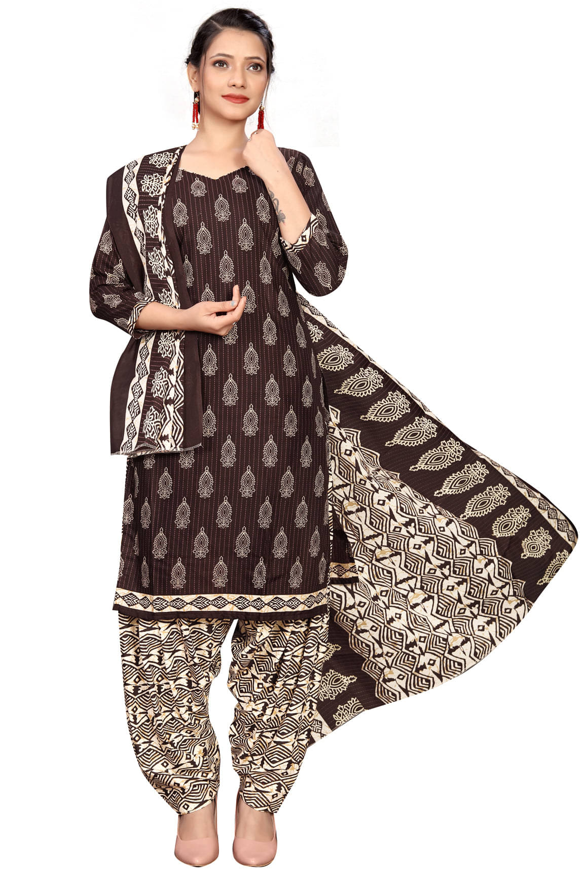     			MERIRA Women Cotton Blend Printed Straight Kurti With Patiala Salwar ( Brown )