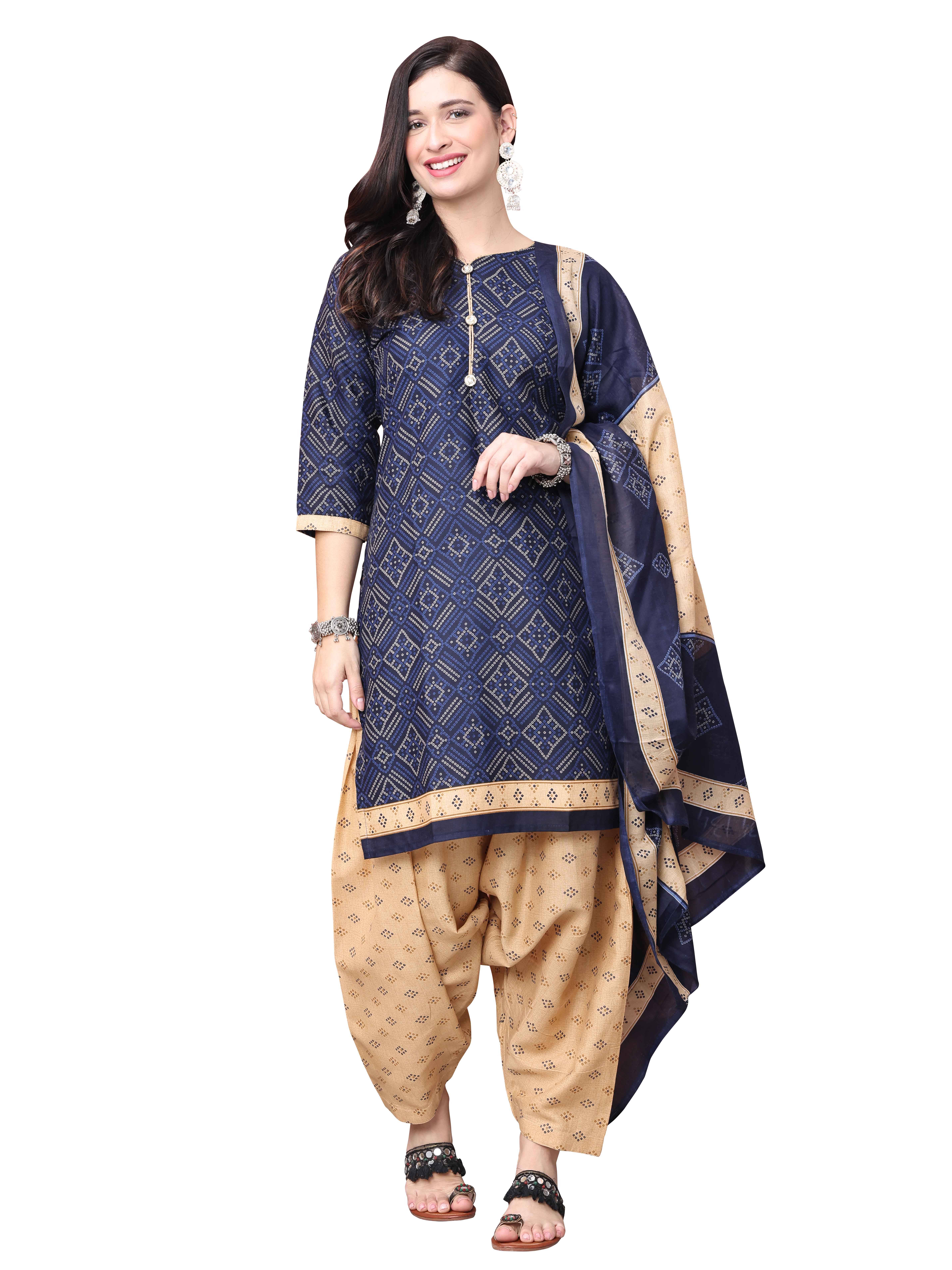 MERIRA Women Cotton Blend Printed Straight Kurti With Patiala Salwar ( Navy Blue )     			MERIRA Women Cotton Blend Printed Straight Kurti With Patiala Salwar ( Navy Blue )