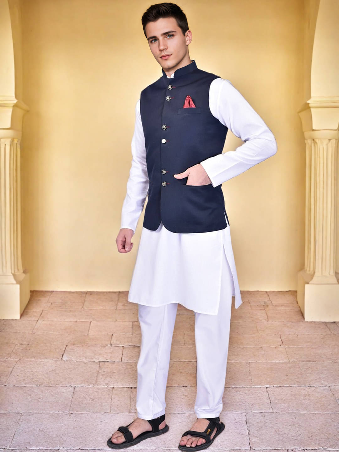 PRINT CULTR White Cotton Blend Regular Fit Men's Kurta Pyjama Set ( Pack of 1 )     			PRINT CULTR White Cotton Blend Regular Fit Men's Kurta Pyjama Set ( Pack of 1 )