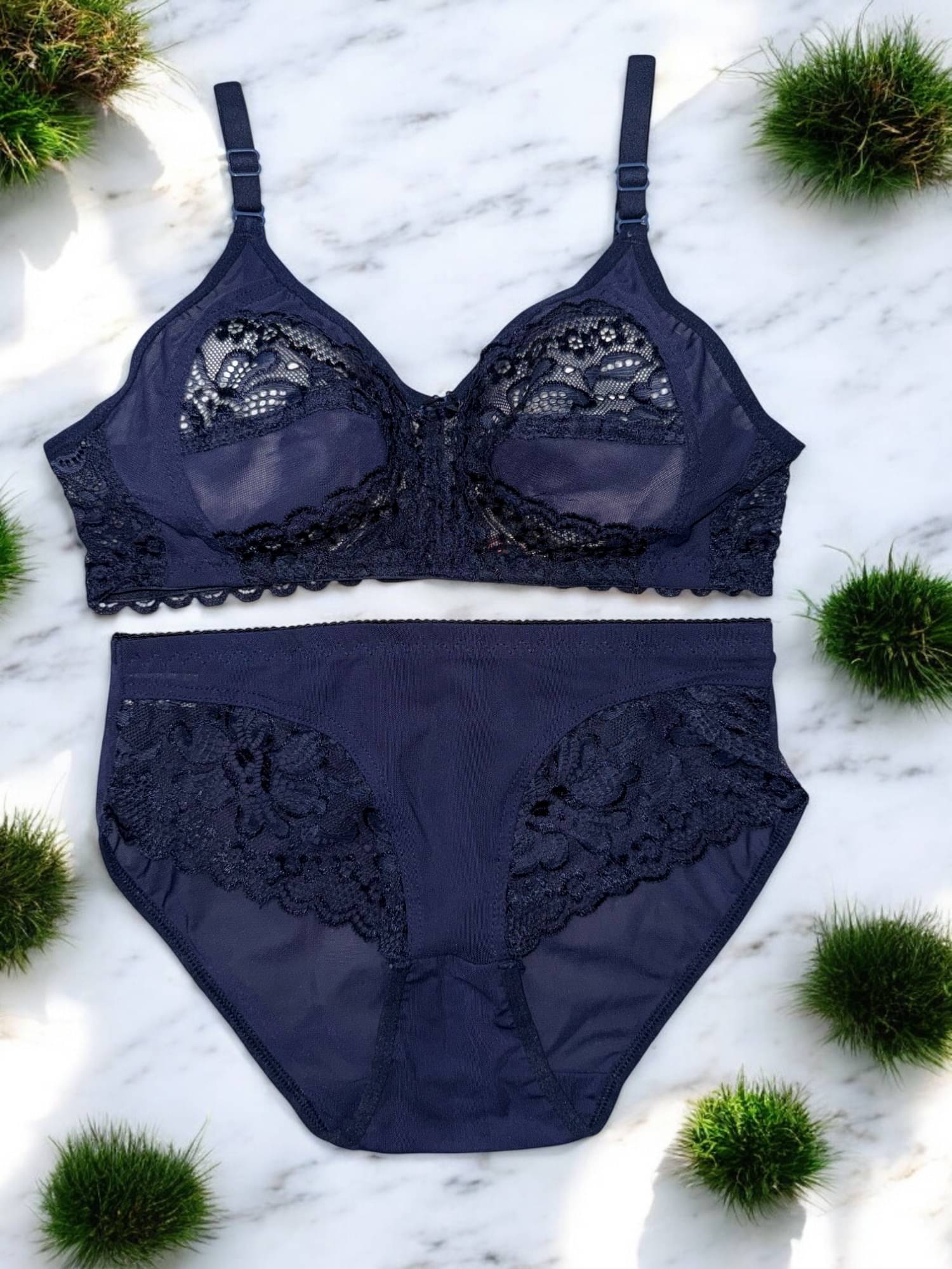     			Piylu Net/Mesh Non Padded Bra & Panty Set ( Navy Blue , Pack of 1 )