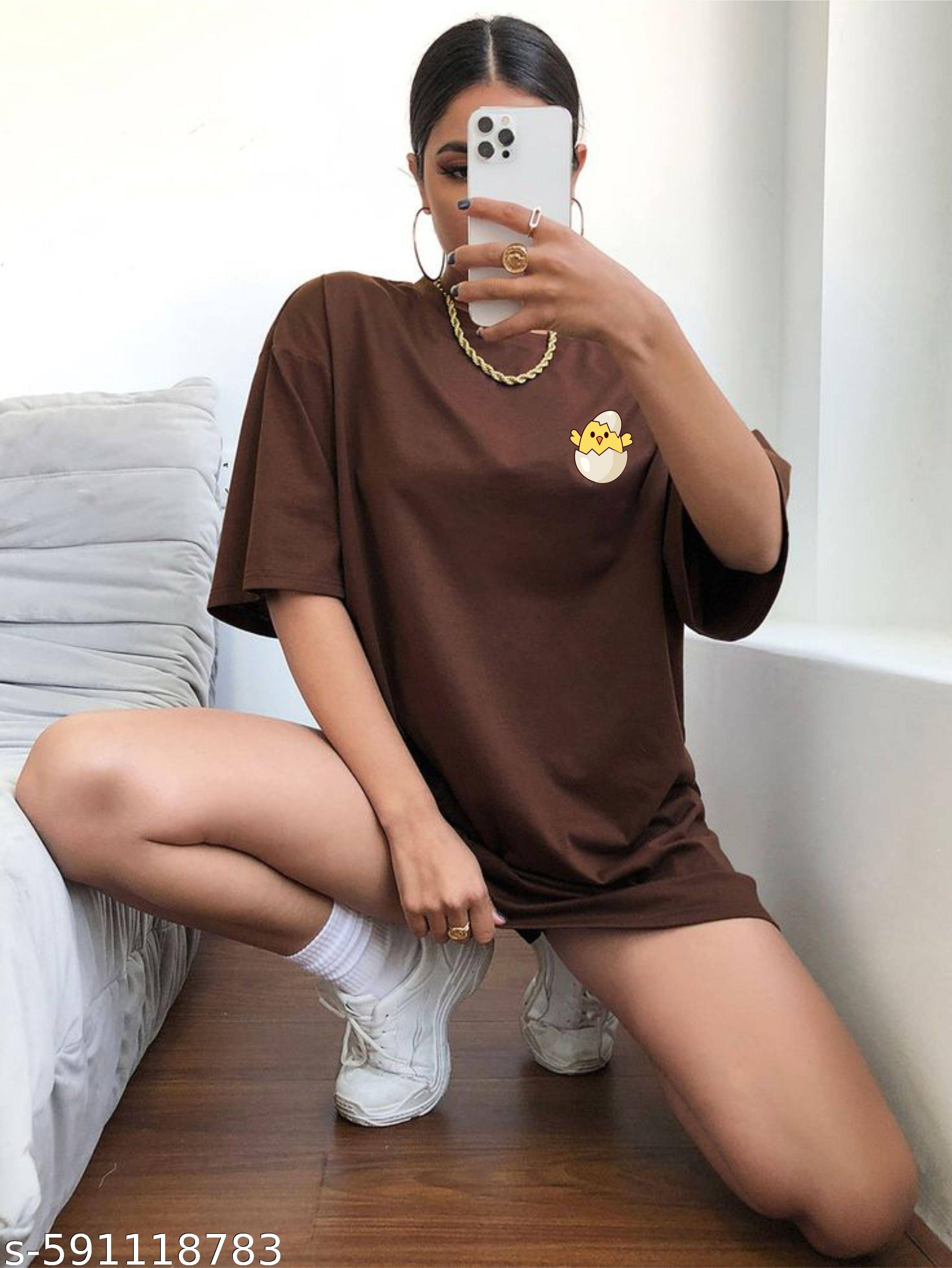     			SF 33 Women Cotton Blend Oversized Fit Round Neck T-Shirt ( Brown )