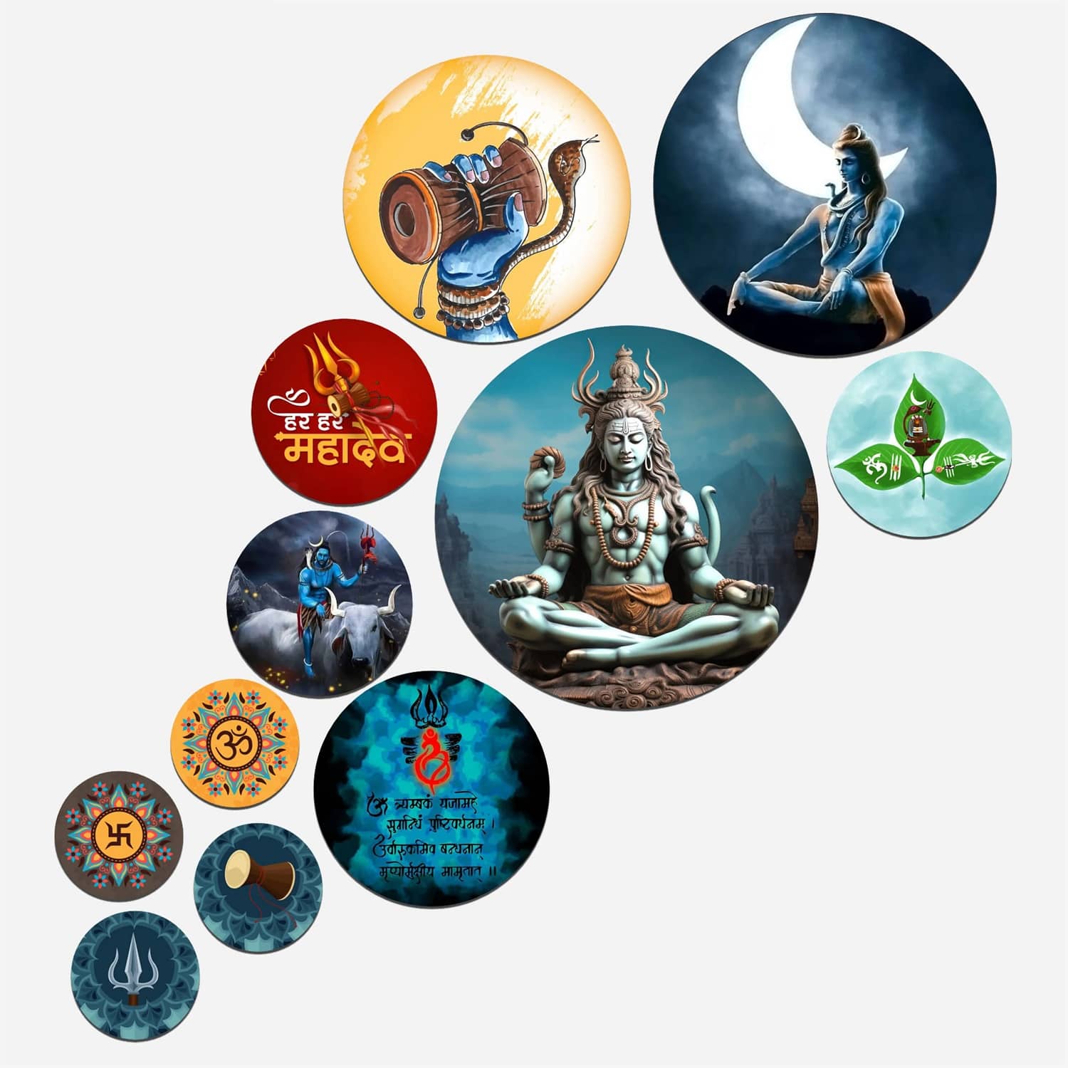 SNDArt Set Of 11 Modern Art Lord Shiva Round Self Adhesive Wall Décor Items Paintings