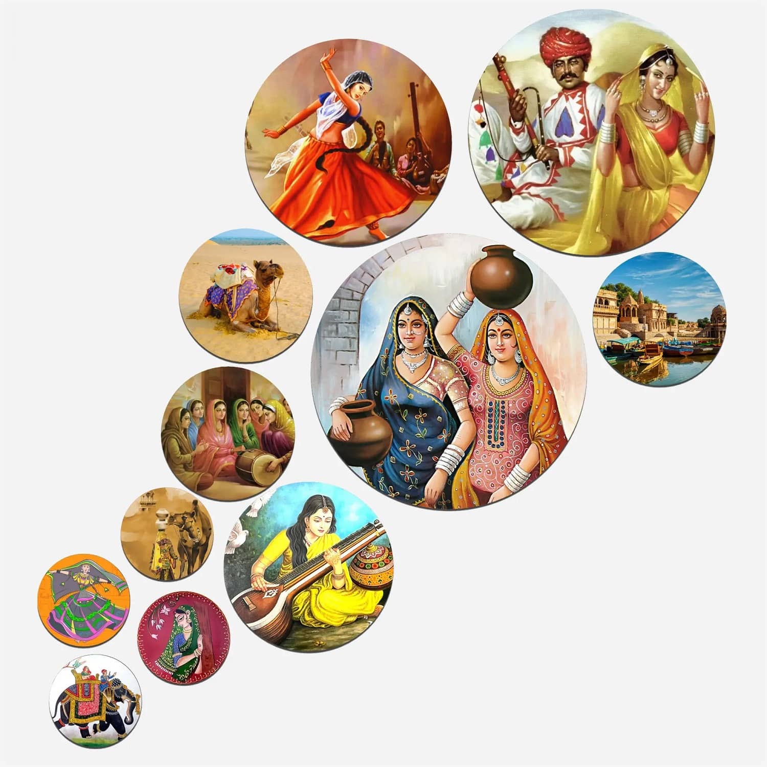 SNDArt Set Of 11 Modern Art Rajasthani Traditional Round Self Adhesive Wall Décor Items Paintings