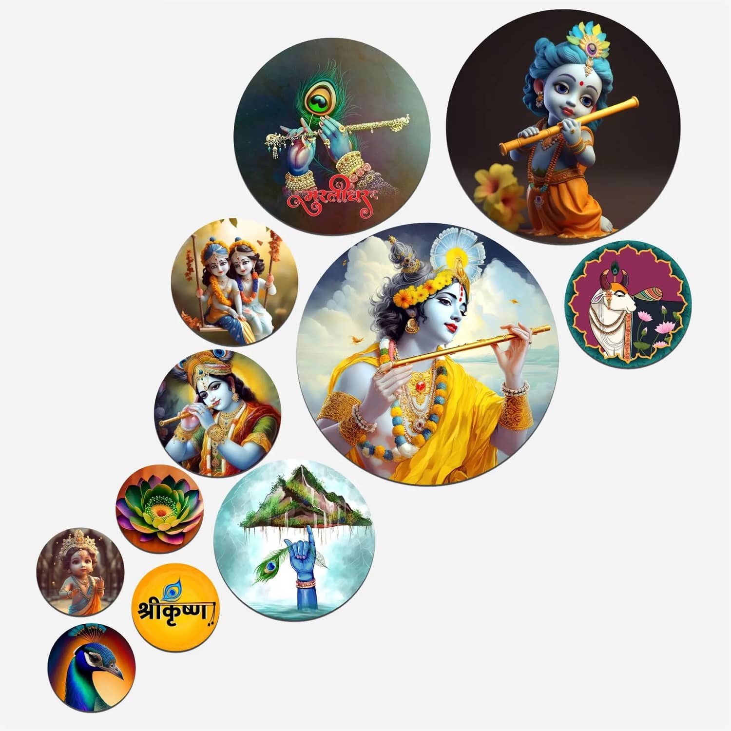 SNDArt Set Of 11 Modern Art Lord Krishna Round Self Adhesive Wall Décor Items Paintings
