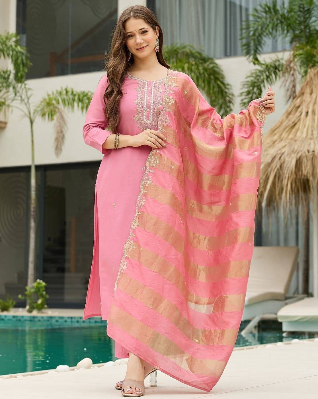 THE52 Women Cotton Blend Embroidered Straight Kurti With Pants ( Pink )     			THE52 Women Cotton Blend Embroidered Straight Kurti With Pants ( Pink )