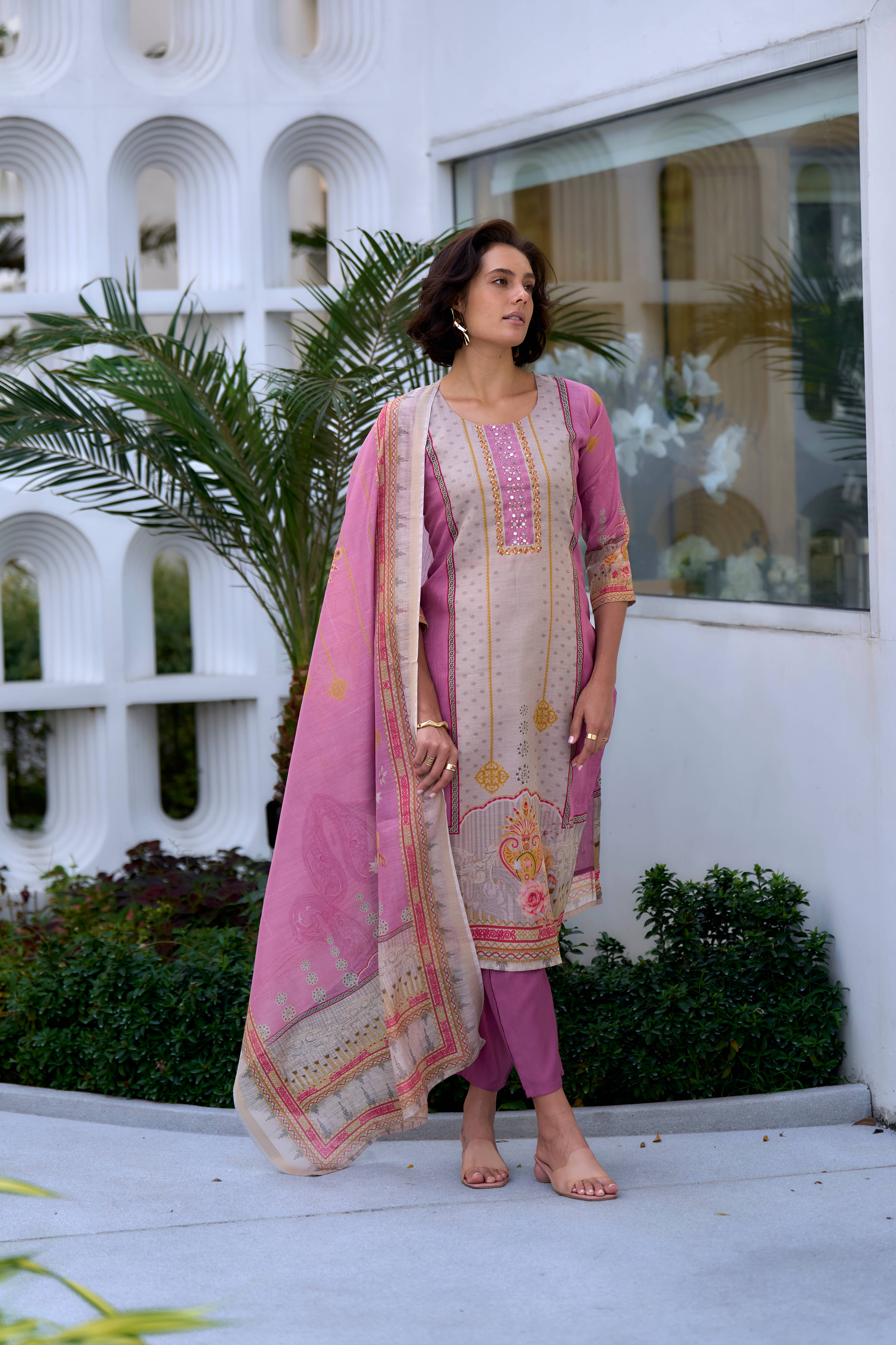     			THE52 Women Silk Blend Embroidered Straight Kurti With Pants ( Pink )