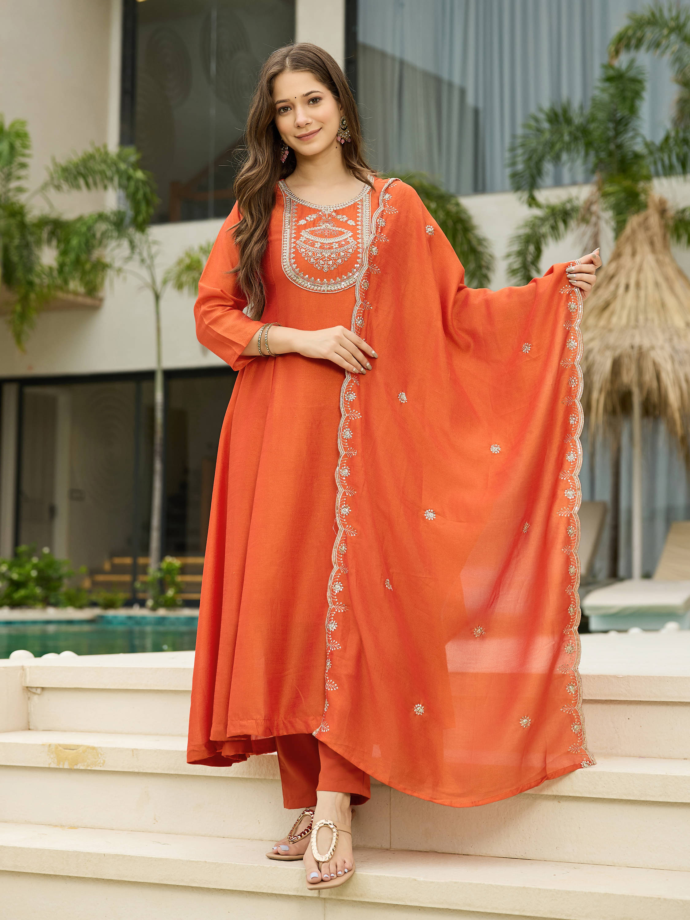     			THE52 Women Silk Blend Embroidered Straight Kurti With Pants ( Orange )