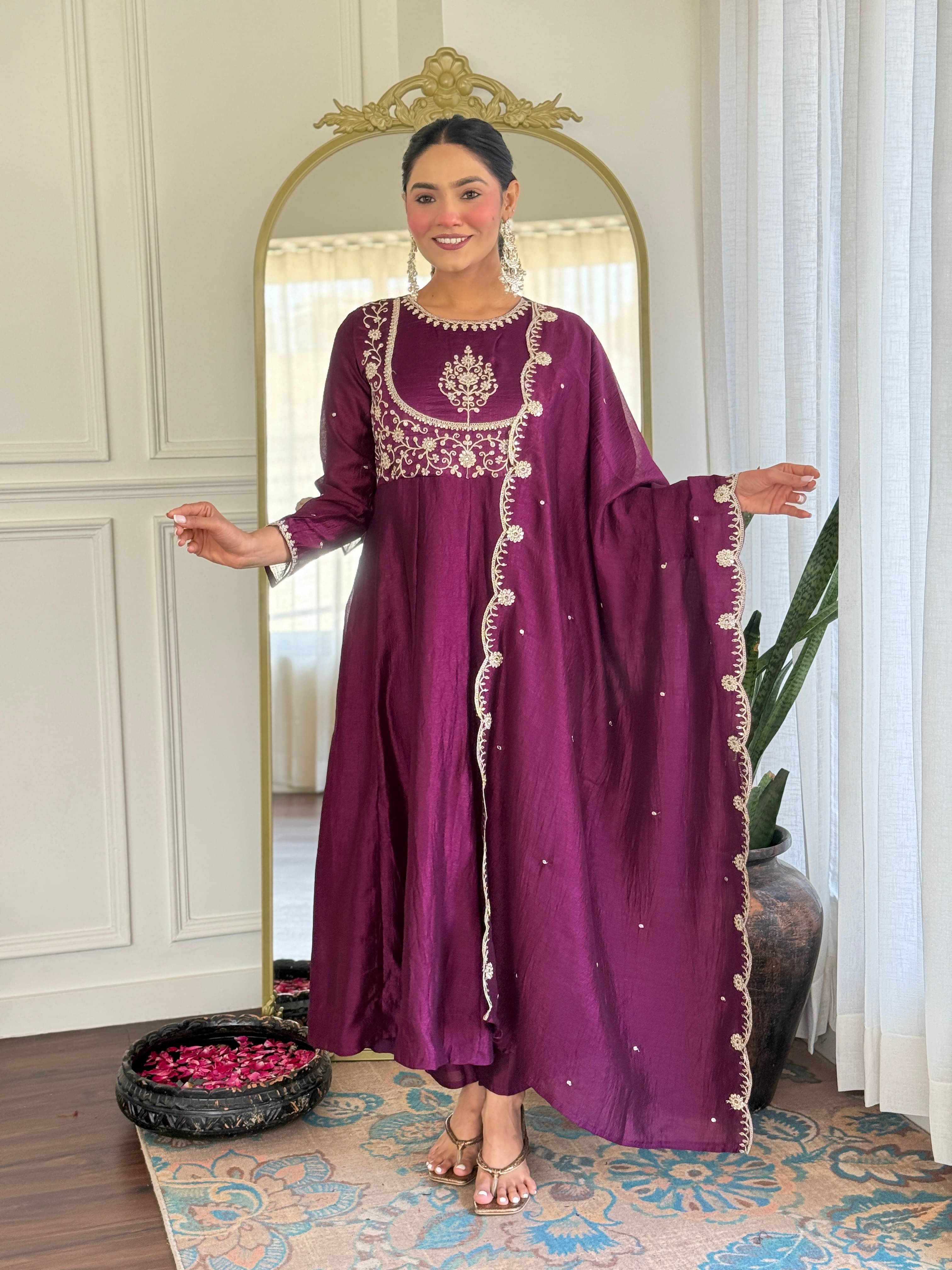     			THE52 Women Silk Blend Embroidered Straight Kurti With Pants ( Purple )