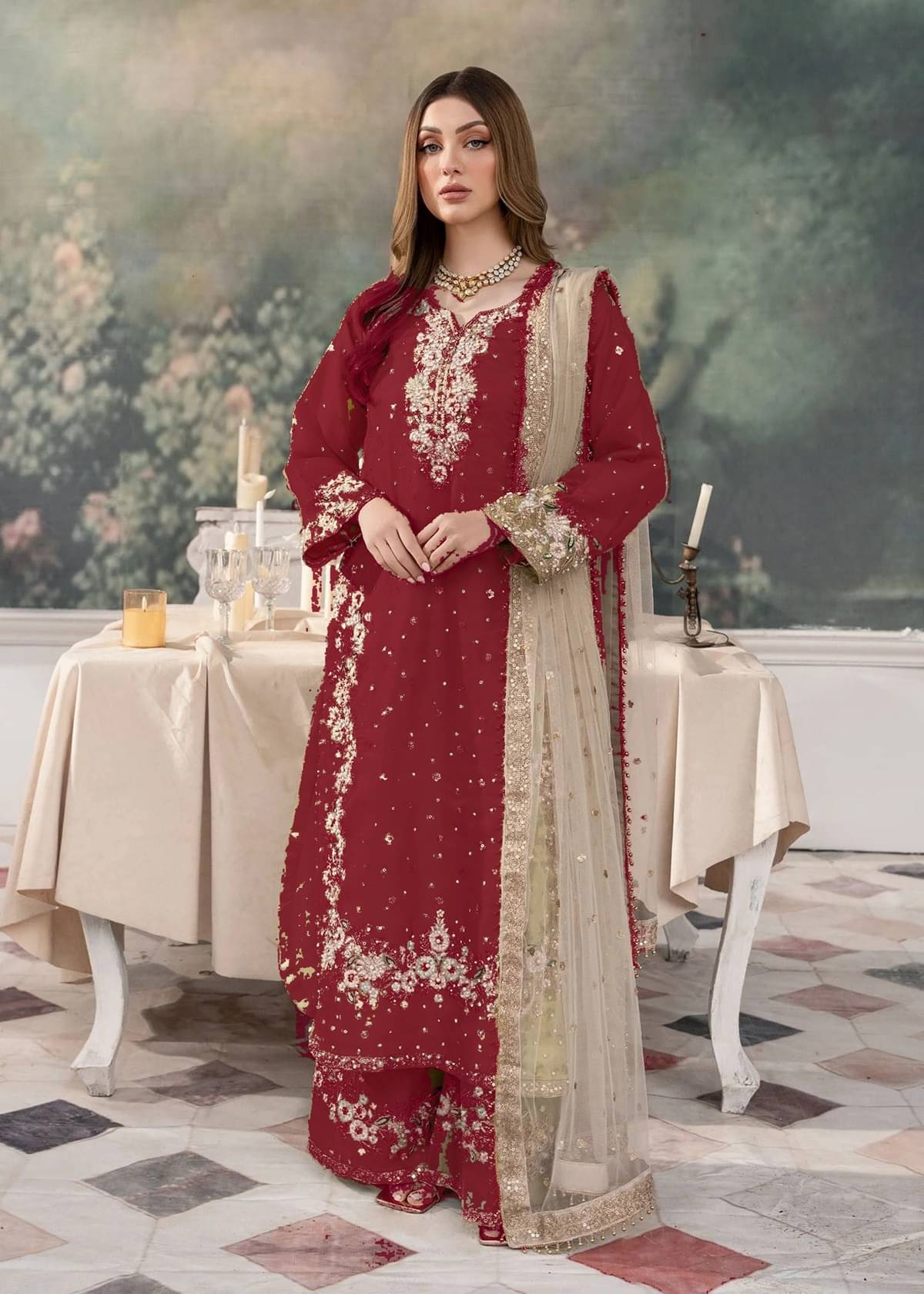     			THE52 Women Silk Blend Embroidered Straight Kurti With Pants ( Red )