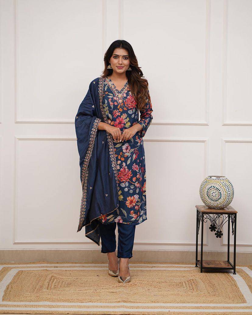 THE52 Women Silk Blend Printed Straight Kurti With Pants ( Blue )     			THE52 Women Silk Blend Printed Straight Kurti With Pants ( Blue )