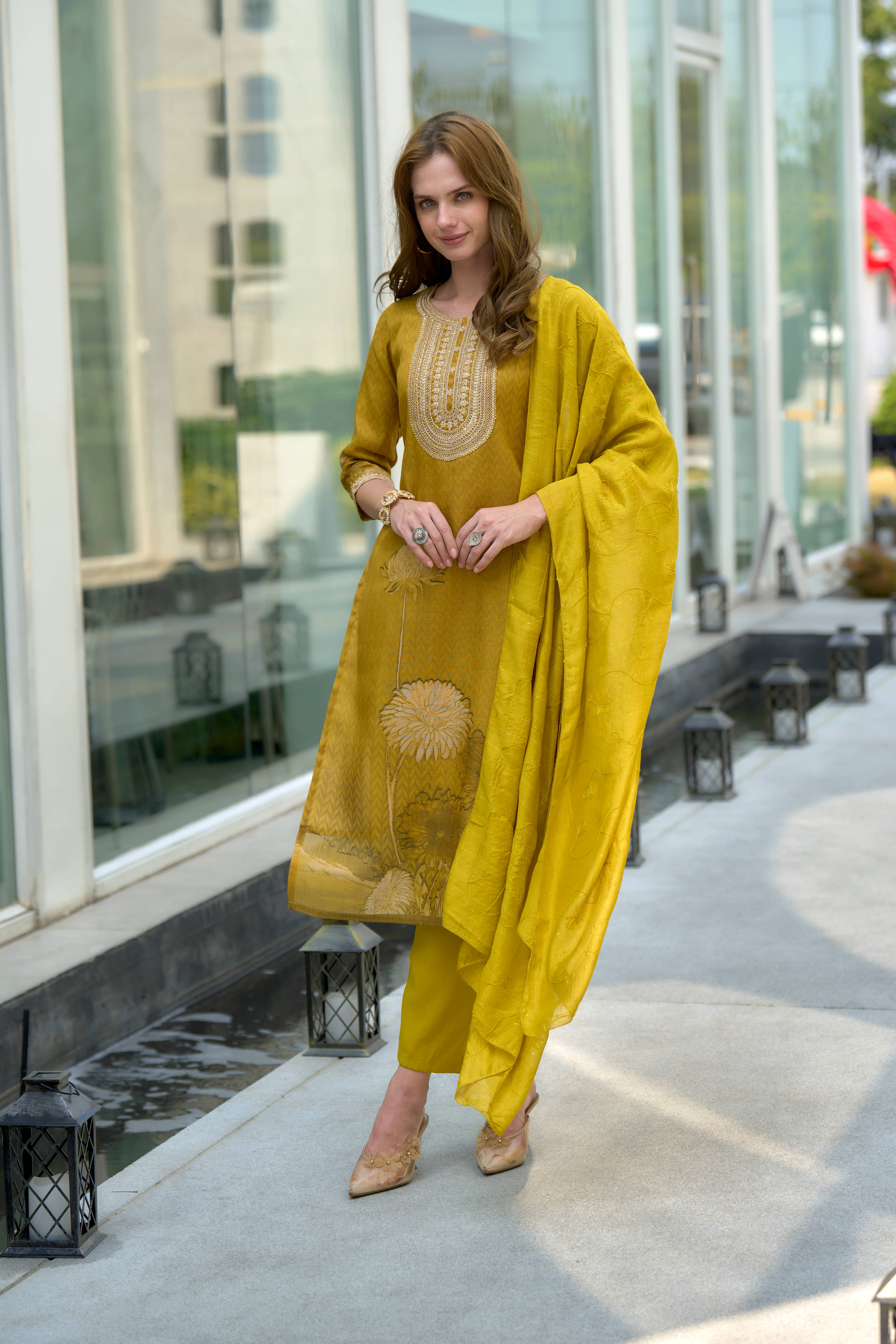 THE52 Women Tissue Embroidered Straight Kurti With Pants ( Yellow ) THE52 Women Tissue Embroidered Straight Kurti With Pants ( Yellow )