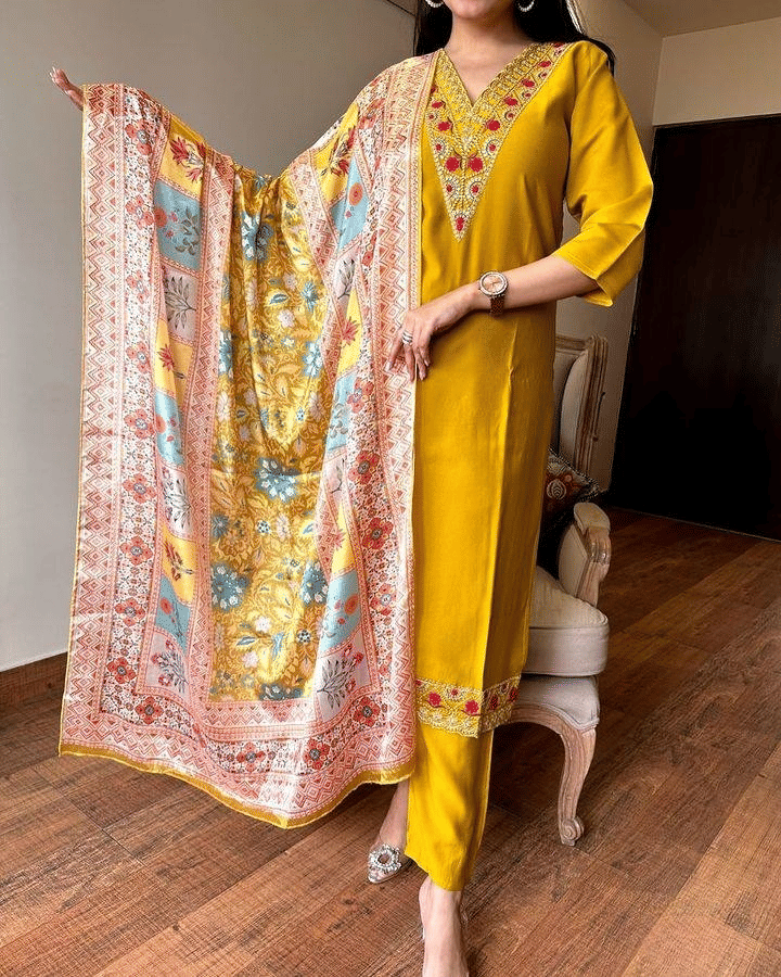 THE52 Women Viscose Embroidered Straight Kurti With Pants ( Mustard ) THE52 Women Viscose Embroidered Straight Kurti With Pants ( Mustard )