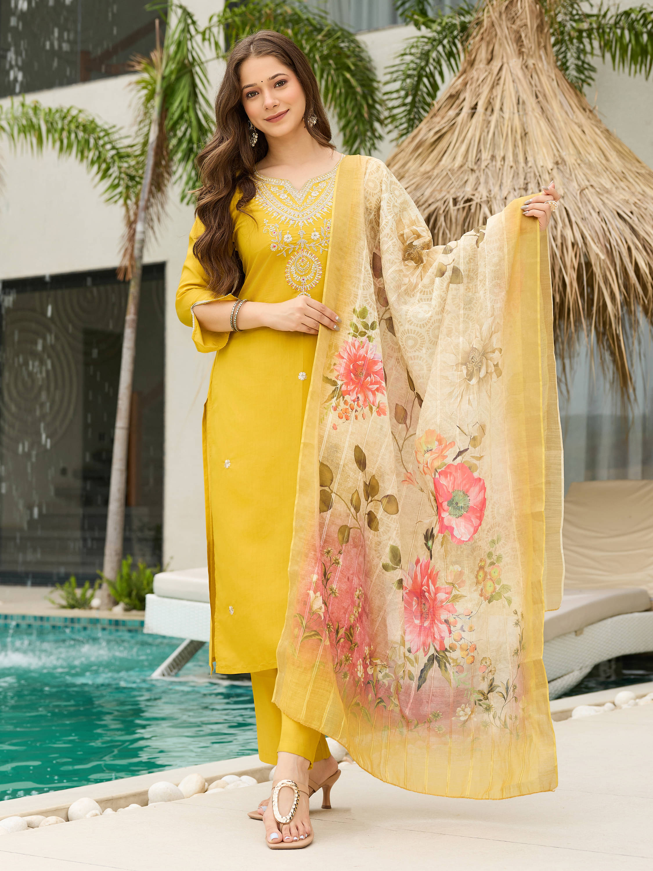     			THE52 Women Viscose Embroidered Straight Kurti With Pants ( Mustard )
