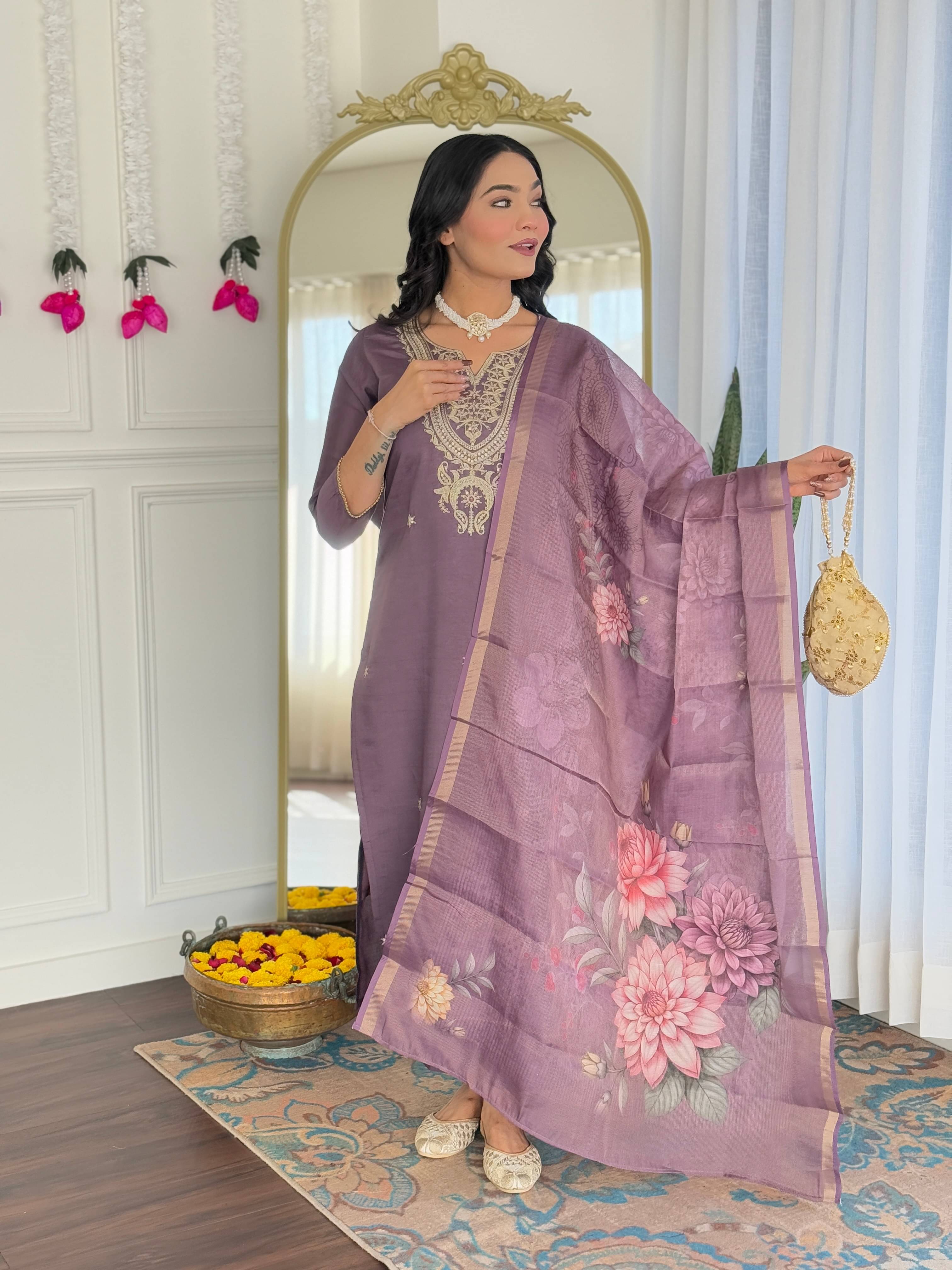     			THE52 Women Viscose Embroidered Straight Kurti With Pants ( Purple )