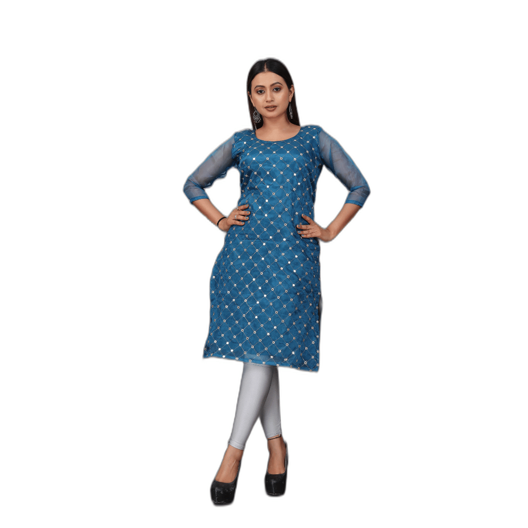     			Tavisshi Women Organza Embellished Straight Kurti ( Blue )