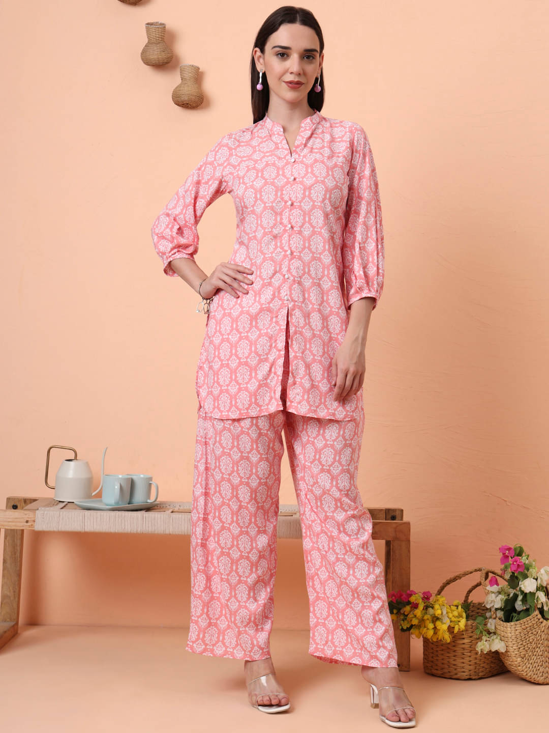     			Tissu Women Printed Tunic With Palazzos Co-Ord Set ( Pink )
