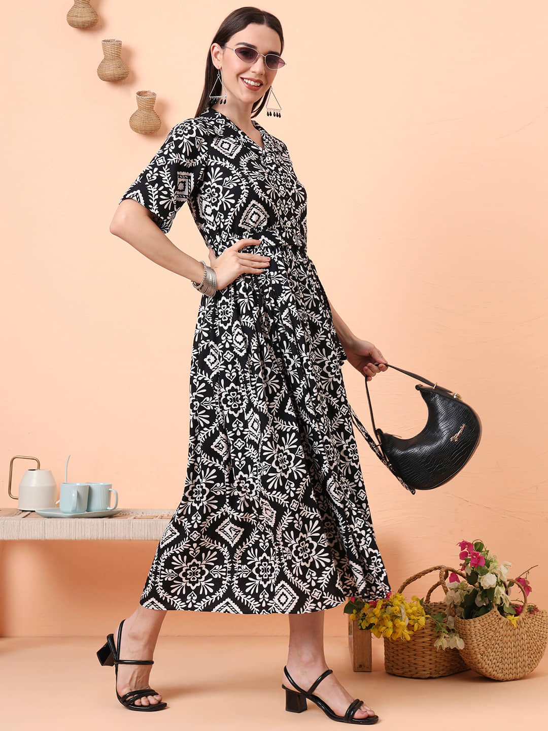 Tissu Women Rayon Printed Fit & Flare Dress ( Black )