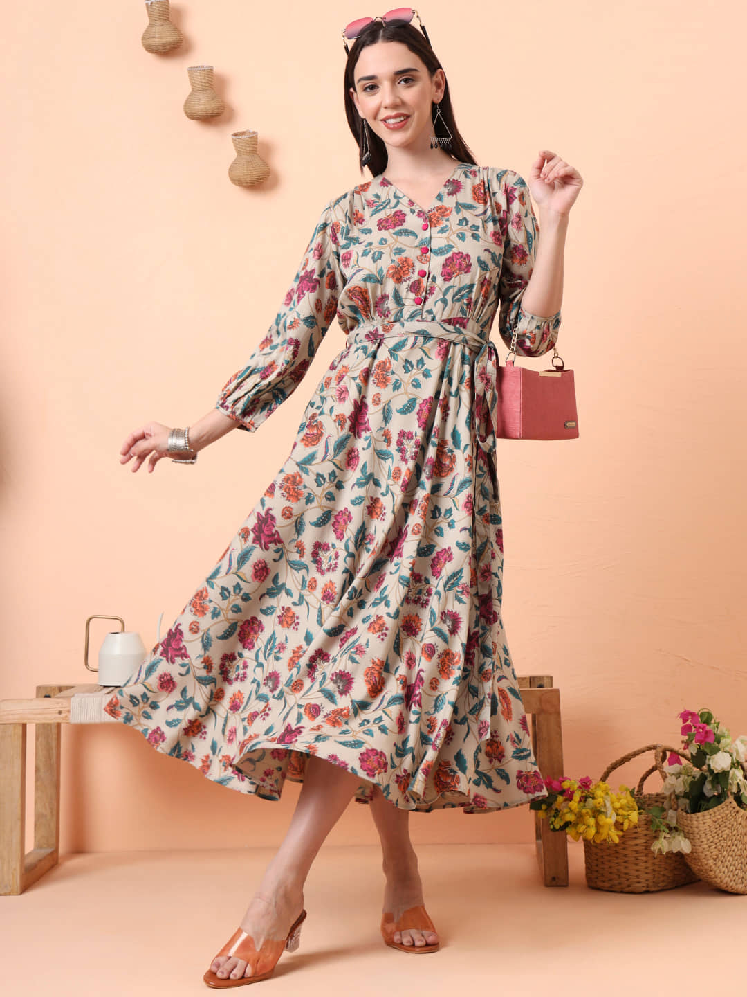 Tissu Women Rayon Printed Fit & Flare Dress ( Multicolor )