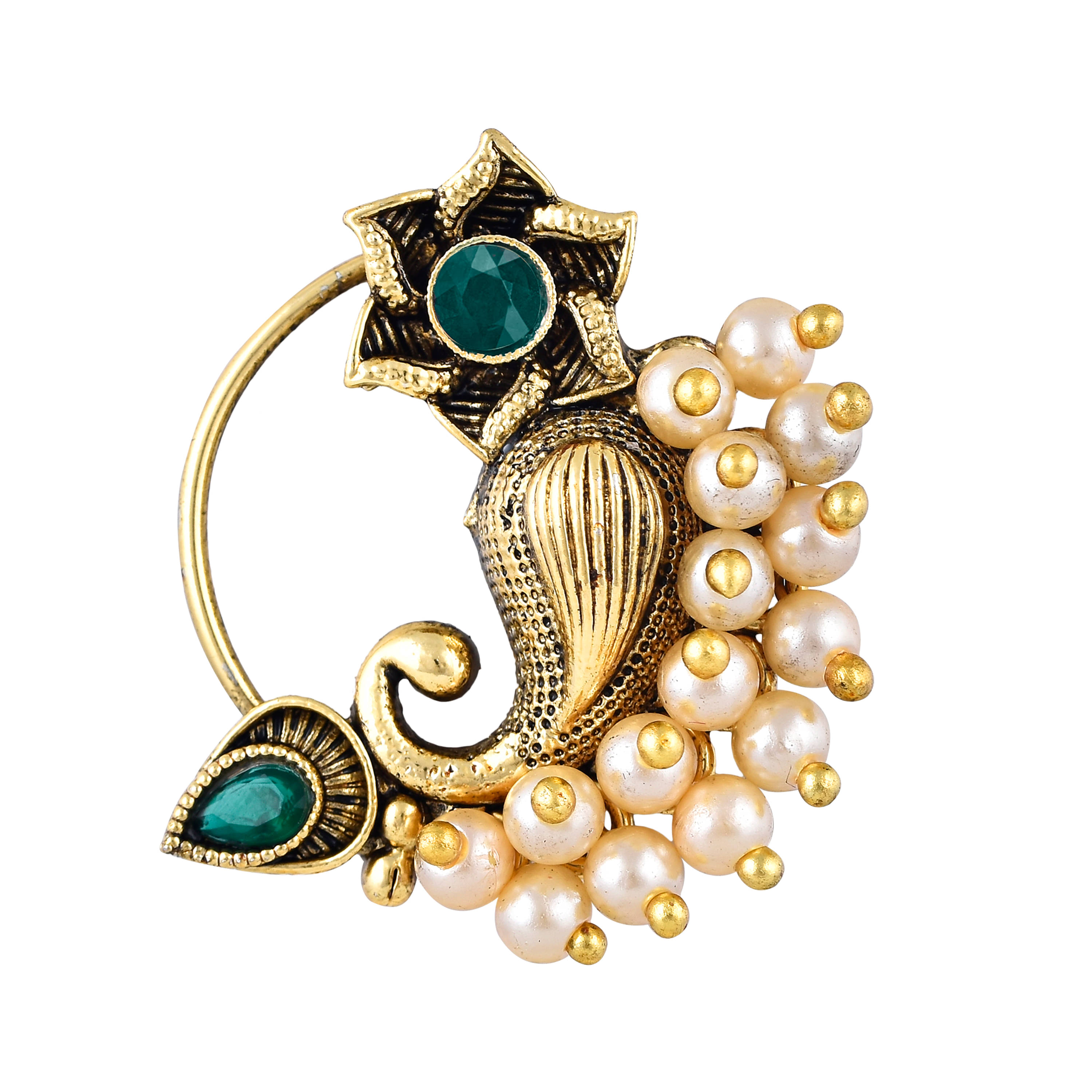     			Vighnaharta Gold Plated Green stone Pearls (Moti )Maharashtrian Cultural Nath Nathiya./ Nose Pin for women[VFJ1307NTH-PRESS-GREEN]