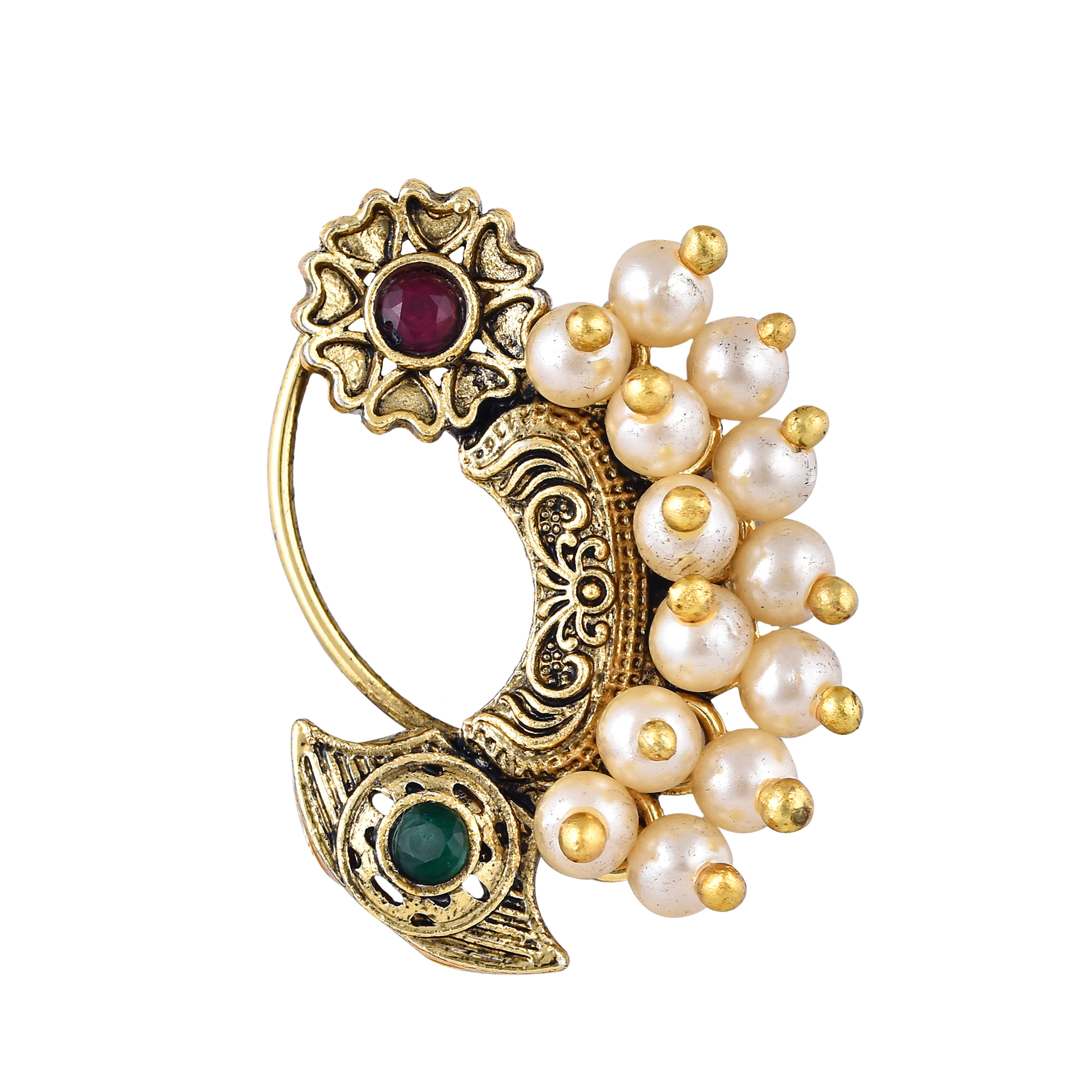     			Vighnaharta Gold Plated Multi stone Pearls (Moti )Maharashtrian Cultural Nath Nathiya./ Nose Pin for women[VFJ1306NTH-PRESS-MULTI]
