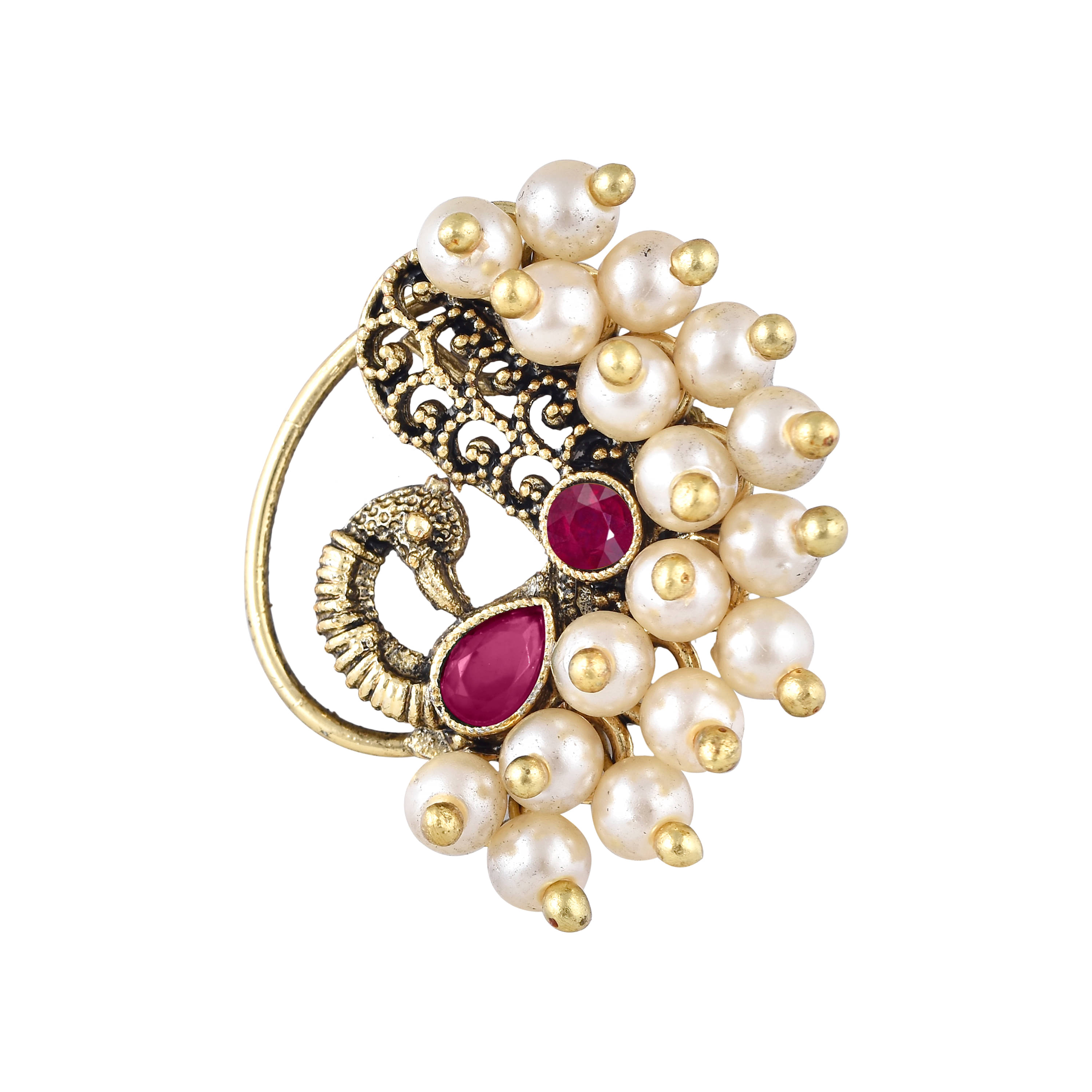     			Vighnaharta Gold Plated Red Stone Pearls (Moti )Maharashtrian Cultural Nath Nathiya./ Nose Pin for women[VFJ1308NTH-PRESS-RED]