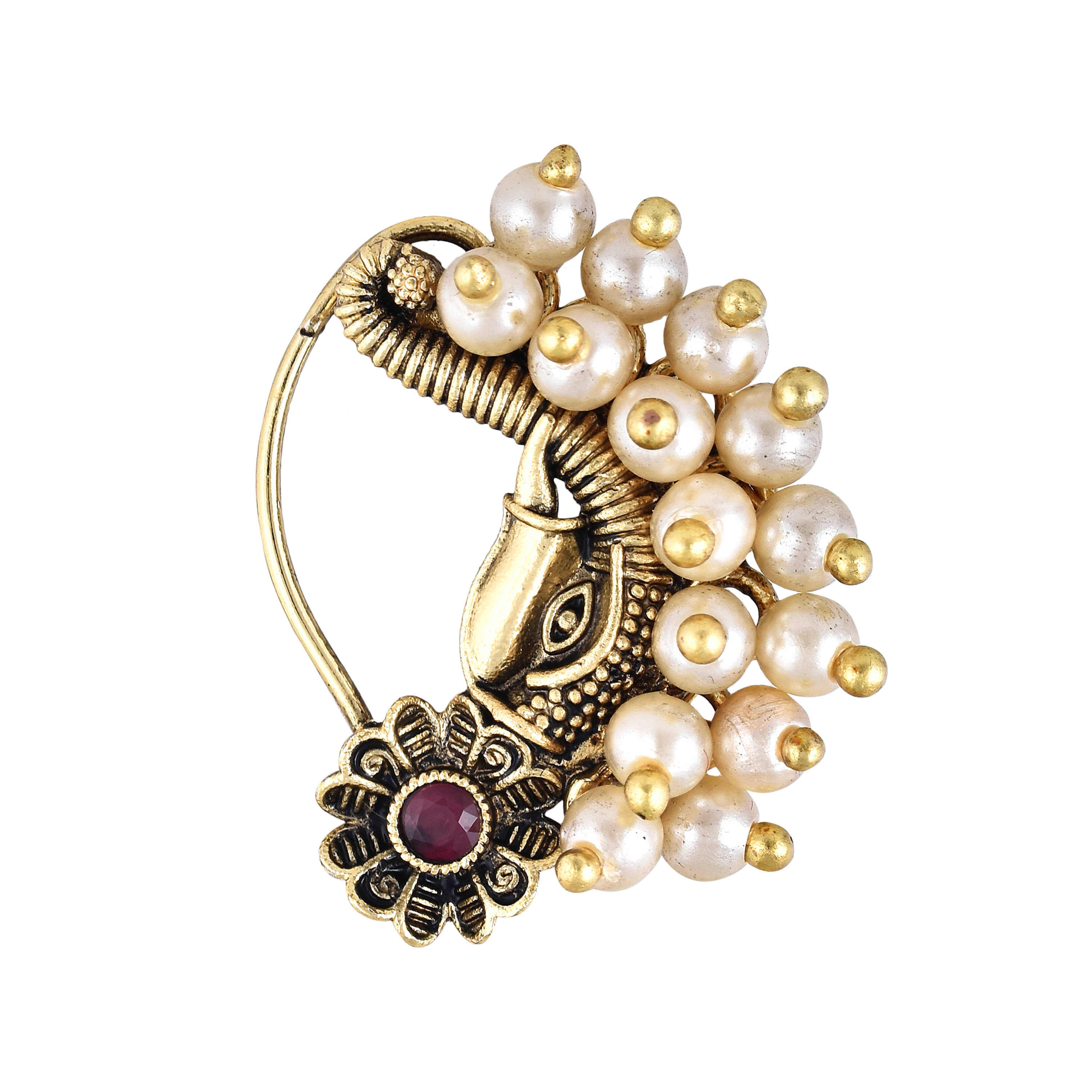     			Vighnaharta Gold Plated Red Stone Pearls (Moti )Maharashtrian Cultural Nath Nathiya./ Nose Pin for women[VFJ1305NTH-PRESS-RED-B]