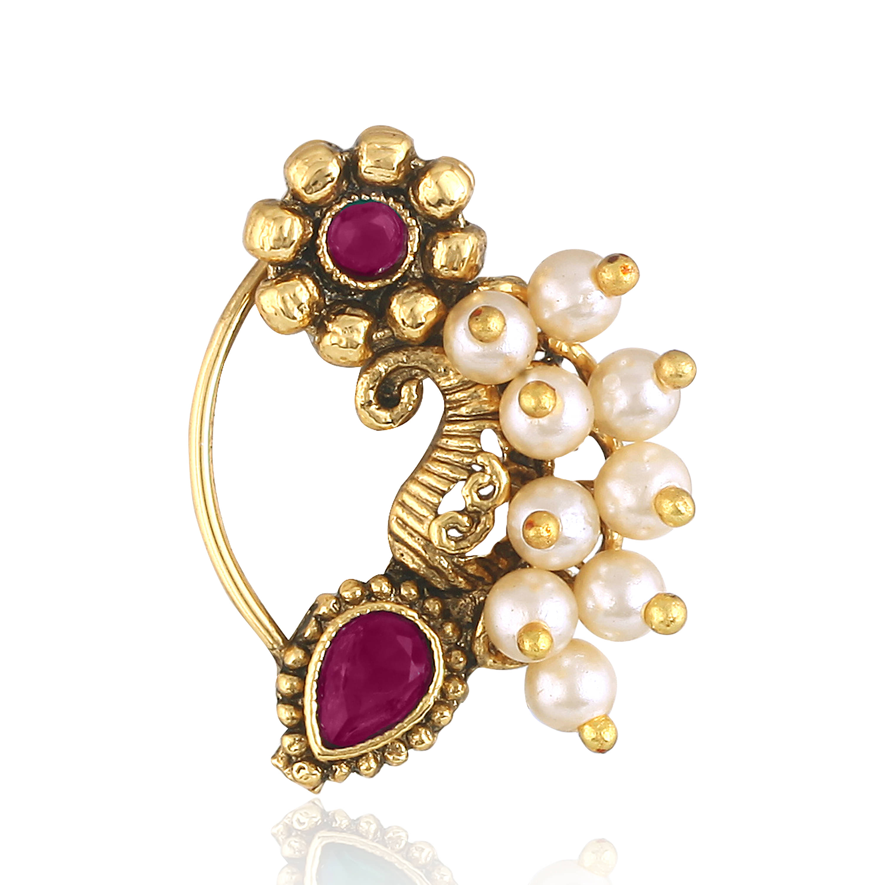     			Vighnaharta Gold Plated Red Stone Pearls (Moti )Maharashtrian Cultural Nath Nathiya./ Nose Pin for women[VFJ1303NTH-PRESS-RED]