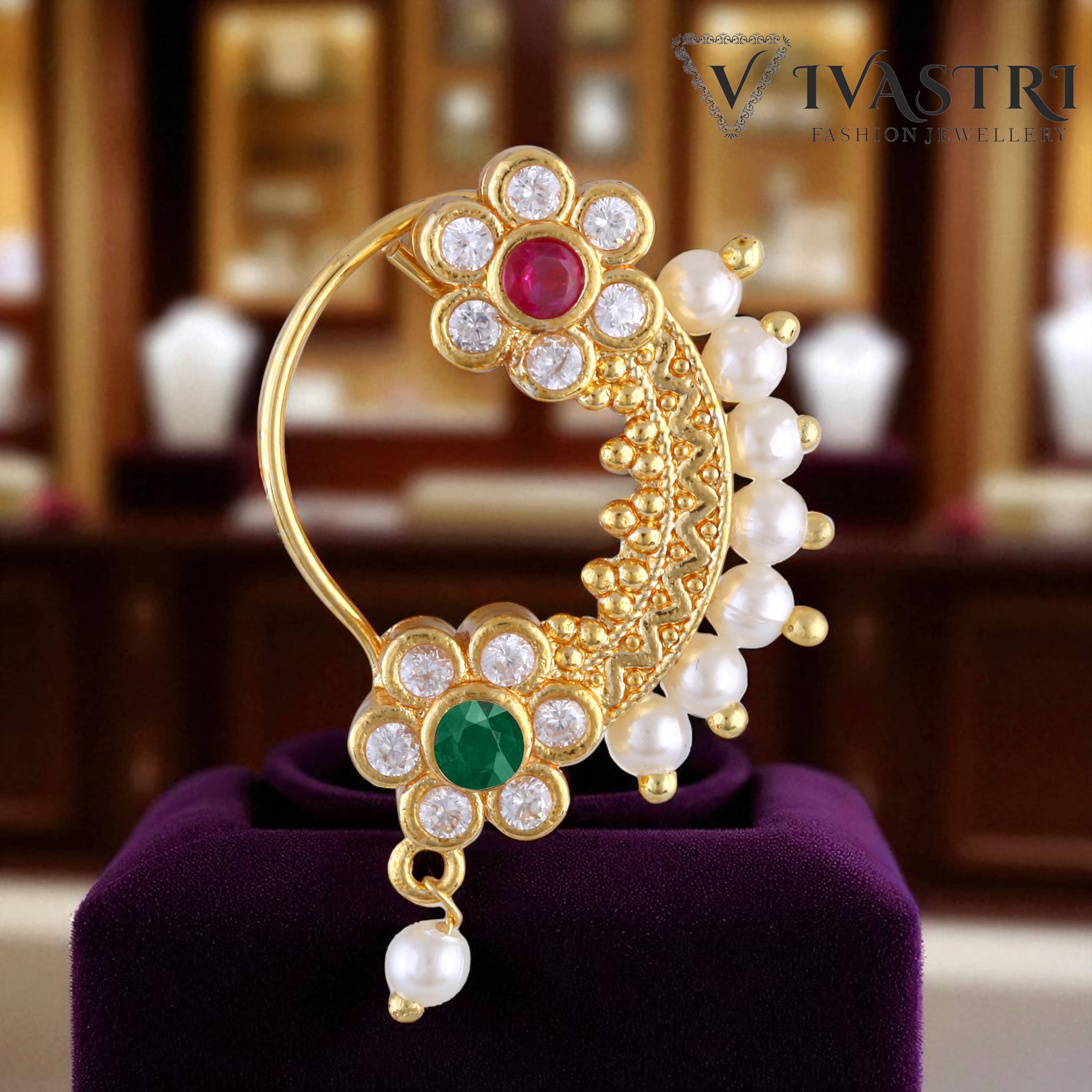     			Vivastri Premium 1 Gram Gold Plated White Pearl,Moti Beaded Guttapusalu Alloy Nath,Nathiya,Nosepin,Nosering For Women & Girls -VIVA1300NTH-PRESS-MULTI
