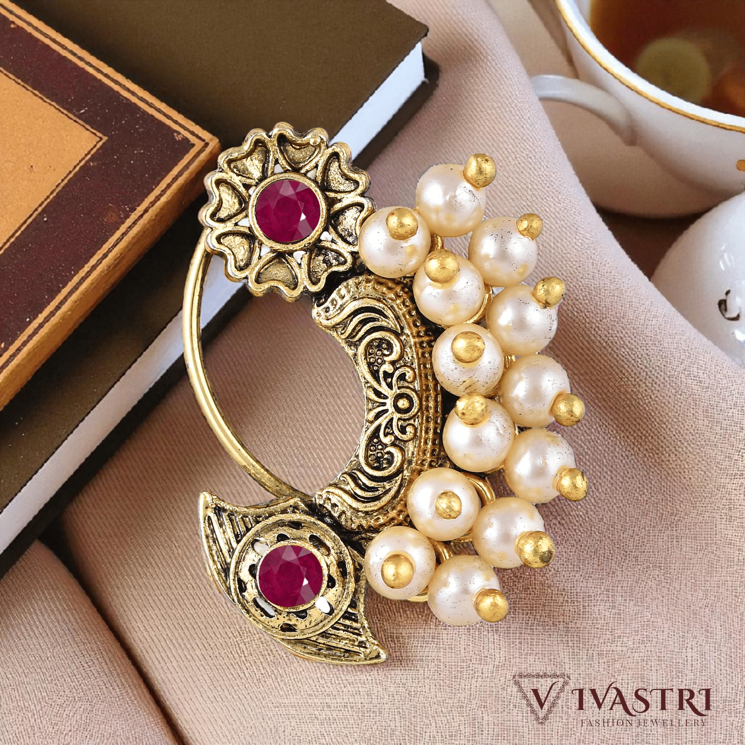 Vivastri Premium 1 Gram Gold Plated White Pearl,Moti Beaded Guttapusalu Alloy Nath,Nathiya,Nosepin,Nosering For Women & Girls -VIVA1306NTH-PRESS-RED Vivastri Premium 1 Gram Gold Plated White Pearl,Moti Beaded Guttapusalu Alloy Nath,Nathiya,Nosepin,Nosering For Women & Girls -VIVA1306NTH-PRESS-RED
