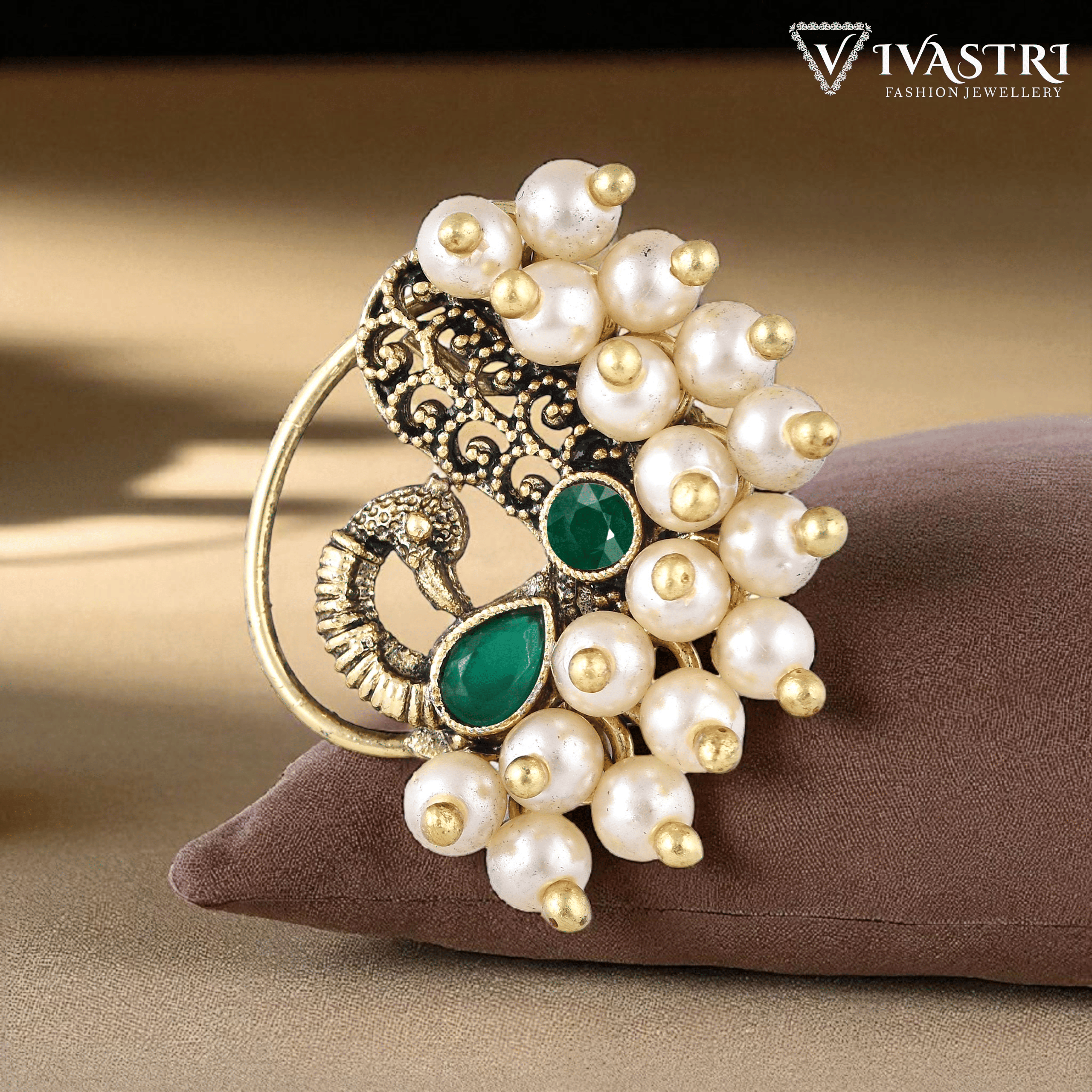     			Vivastri Premium 1 Gram Gold Plated White Pearl,Moti Beaded Guttapusalu Alloy Nath,Nathiya,Nosepin,Nosering For Women & Girls -VIVA1308NTH-PRESS-GREEN