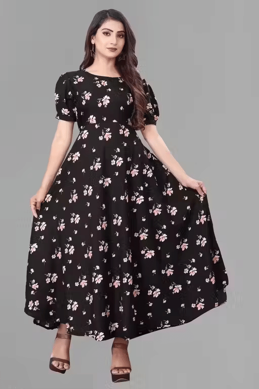     			2V BROTHERS Women Crepe Ethnic Dress ( Black )