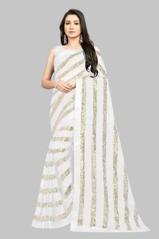     			A TO Z CART Georgette Embroidered Regular Saree With Unstitched Blouse Piece ( White )