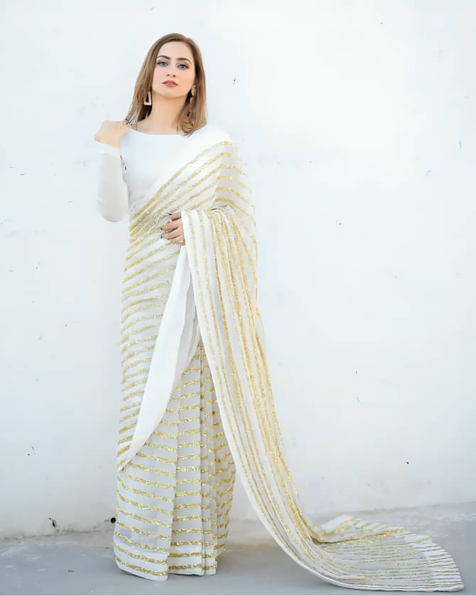 Aika Georgette Embroidered Regular Saree With Unstitched Blouse Piece ( White )     			Aika Georgette Embroidered Regular Saree With Unstitched Blouse Piece ( White )