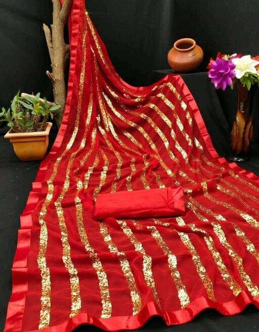 Aika Georgette Embroidered Regular Saree With Unstitched Blouse Piece ( Red ) Aika Georgette Embroidered Regular Saree With Unstitched Blouse Piece ( Red )