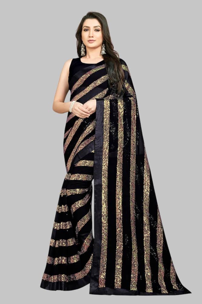 Aika Georgette Embroidered Regular Saree With Unstitched Blouse Piece ( Black ) - Sarees | Buy online on ZillyBuy