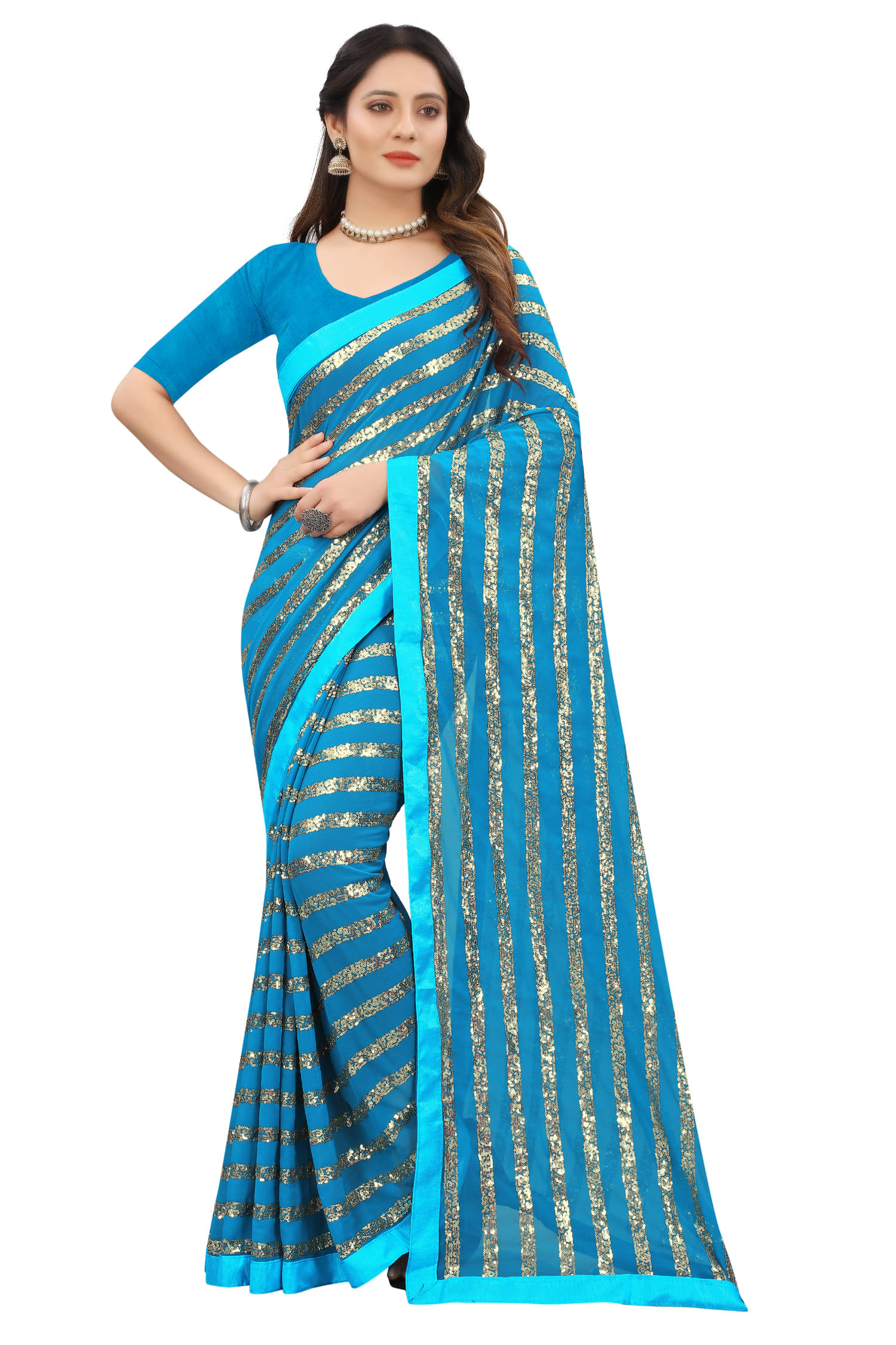     			Apnisha Georgette Embroidered Regular Saree With Unstitched Blouse Piece ( Sky Blue )