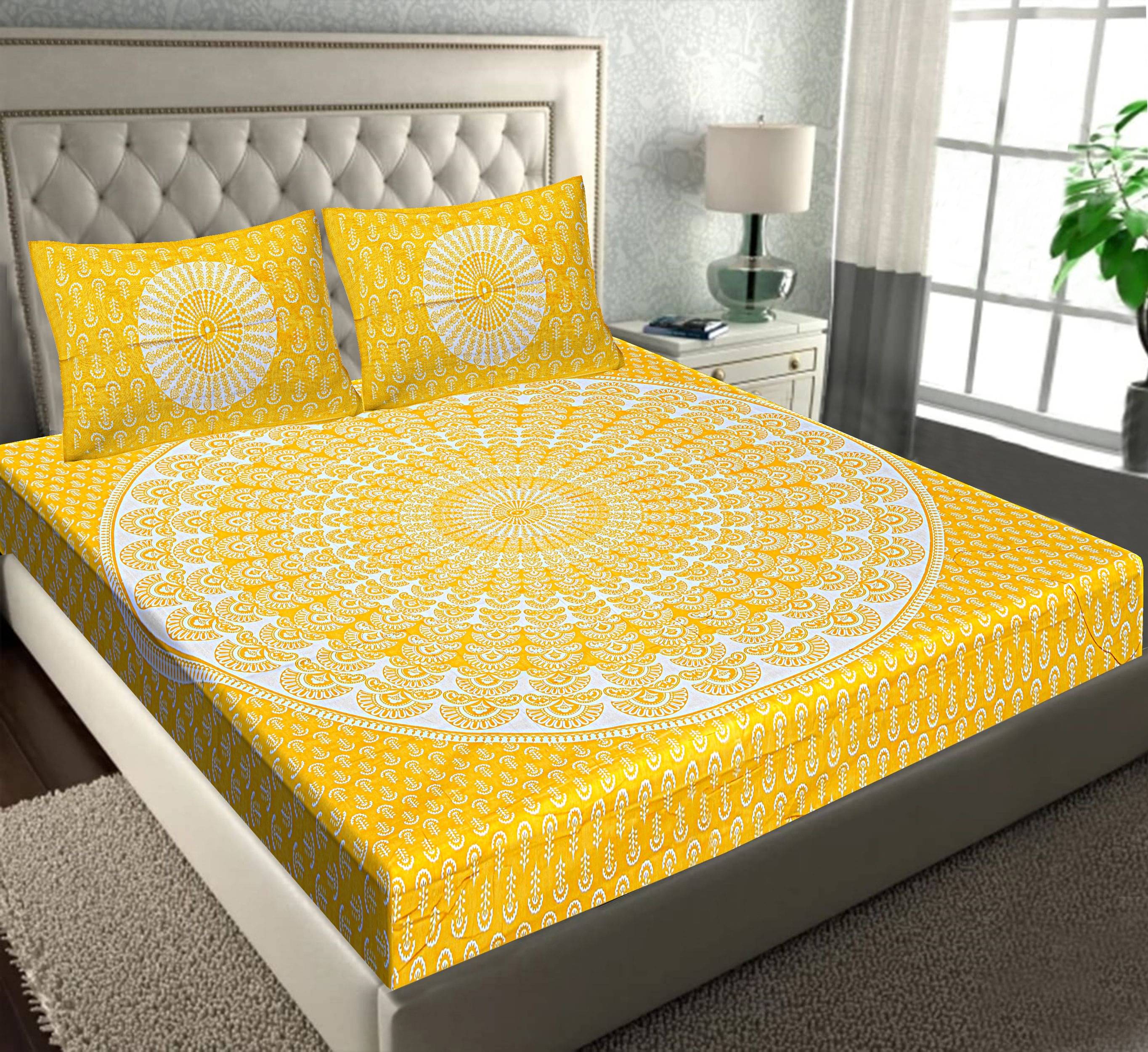     			Batham Handloom Cotton 1 Double Bedsheet with 2 Pillow Covers ( Yellow )