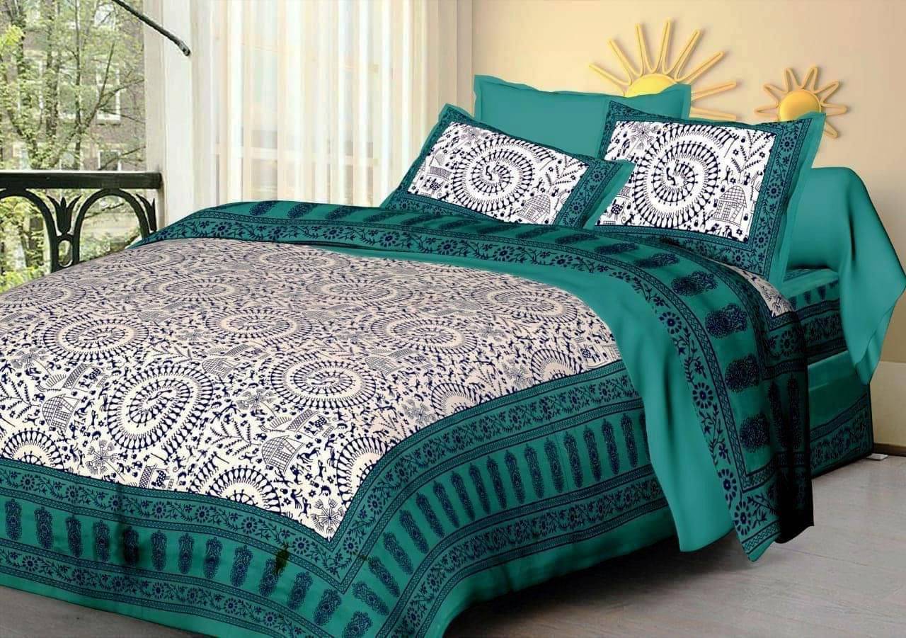     			Batham Handloom Cotton 1 Double Bedsheet with 2 Pillow Covers ( Green )