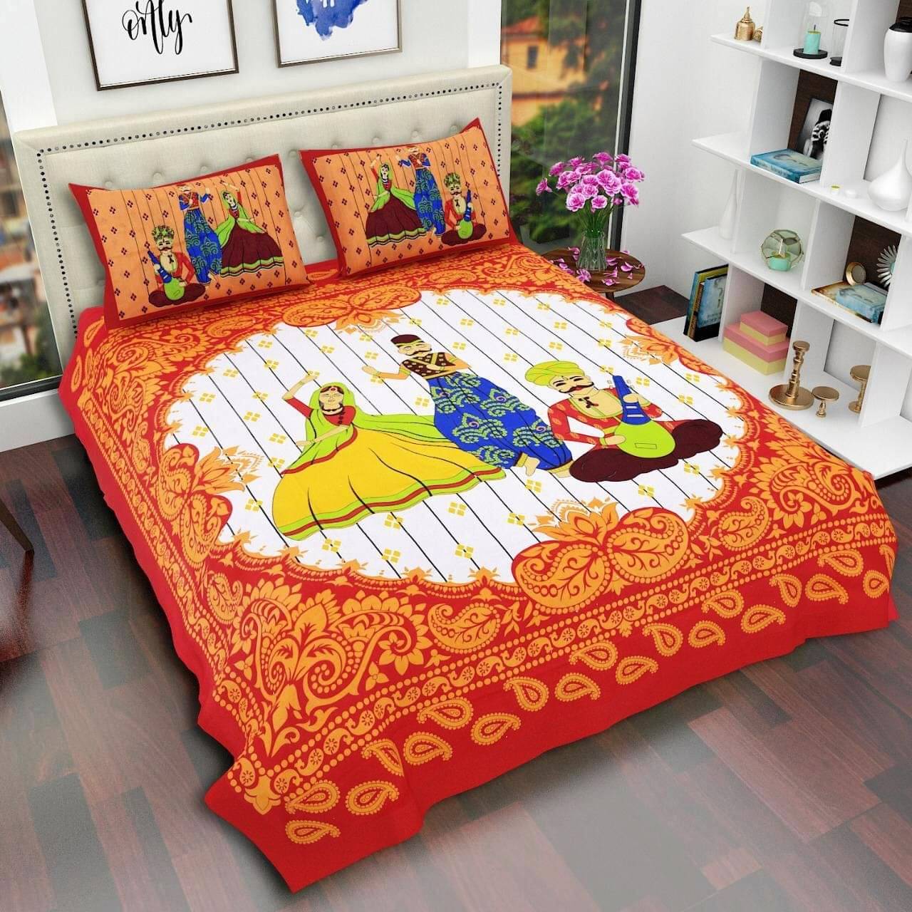     			Batham Handloom Cotton 1 Double Bedsheet with 2 Pillow Covers ( Orange )